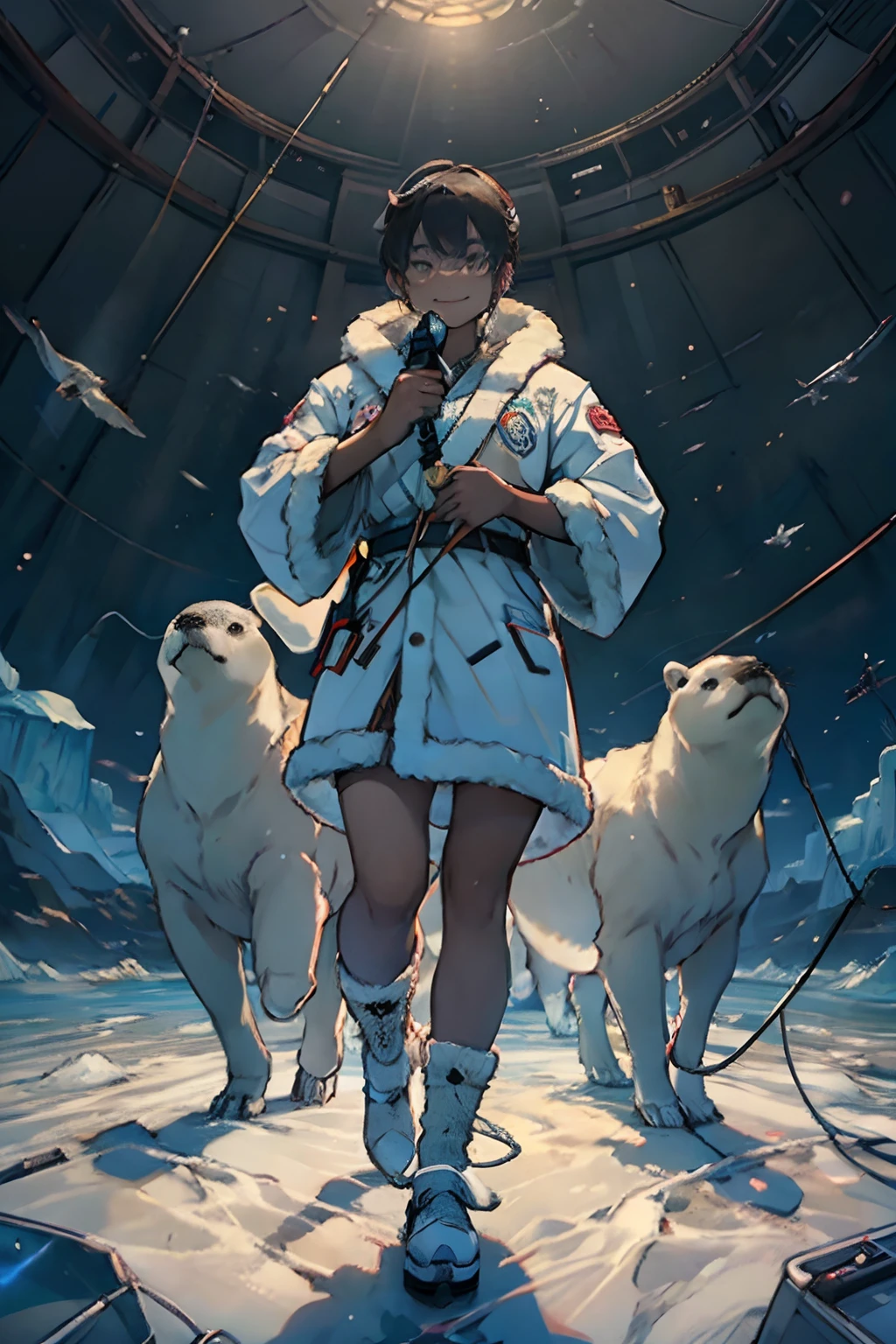 Spring Tundra, Bright sky and blowing wind, Seagulls are flying, Old Yakut-Chukchi, Aleut in national clothes made of animal skins and fur with bright ornaments, Hood with fur, Microphone with wires around the body, Bright ribbons with national patterns of beads, Standing on a huge ice floe of iceberg next to a small jukebox, Smiling. In his hand he holds a small radio receiver with an antenna, With his other hand, he embraces a seal. Around Neck Large Futuristic Cyber Earbuds With Glowing Wires For Music. The ocean in the background, Seals, Walruses, Wild Polar Bears. hiquality, higly detailed, tmasterpiece, super-realistic.