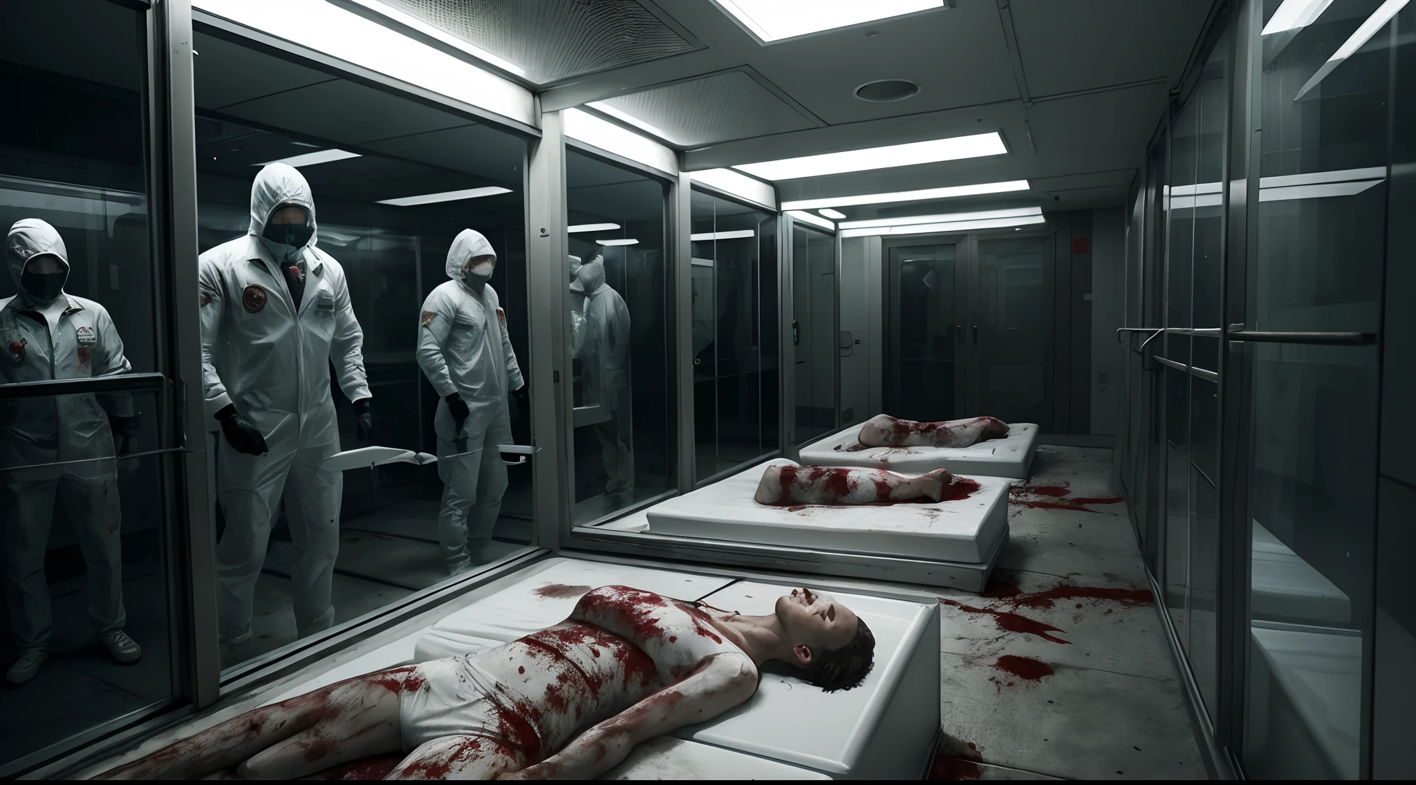 Photorealism, photorealistic, realism, realistic, realism, a white laboratory, dead bodies zombie bodies in glass tanks, resident evil