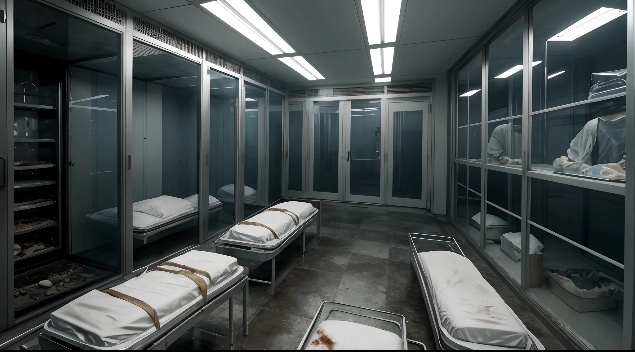 Photorealism, photorealistic, realism, realistic, realism, a white laboratory, dead bodies zombie bodies in glass tanks, resident evil