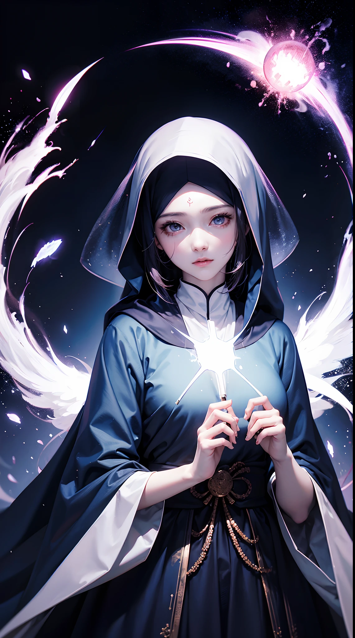 Angels no face, God-like face covering piece of cloth, hanfu, muslim Headscarf.HD lighting and dark )<=(epic image quality)dark atmosphere with bright particle light(many effects in background)