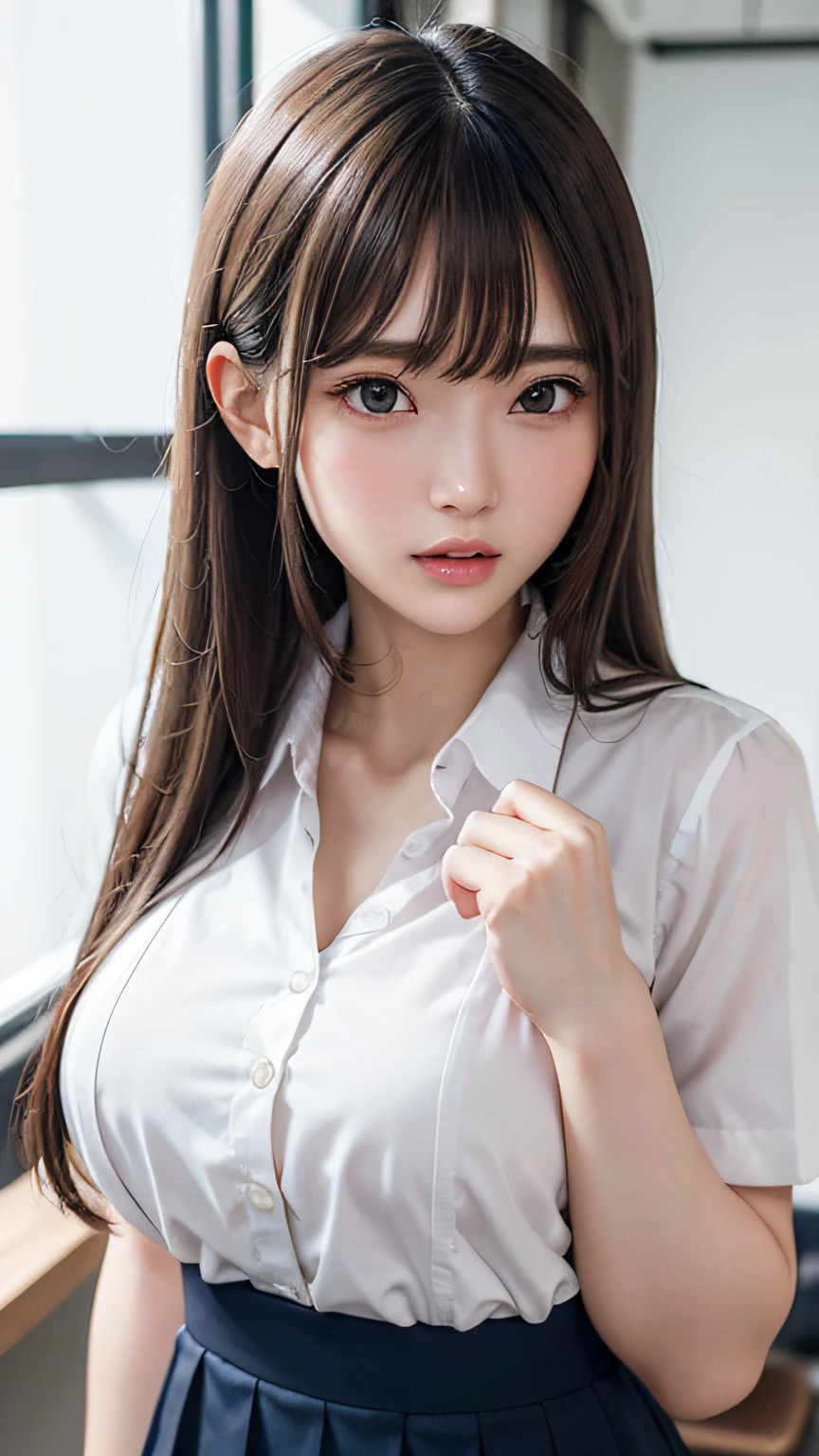 1womanl, up of face, mideum breasts, light brown hair, Blunt bangs, hair behind ear, hair over shoulder, Long hair, slender body shape, Ultra Fine Face, Thin face, Delicate lips, Beautiful eyes, thin blush, eyes are light brown, perfect glossy skin, flawless skin, Glistening sweat,View here, Ultra-thin hands, Ultra-fine fingers, best ratio four finger and one thumb, (realisitic:1.3), Finger Extensions, School Uniforms、White dress shirts、Dark blue pleated skirt、Classroom, One-person viewpoint, Fuji Film, medium breasts, 8K, masutepiece, nffsw, Super Detail, High quality, Best Quality, hight resolution,