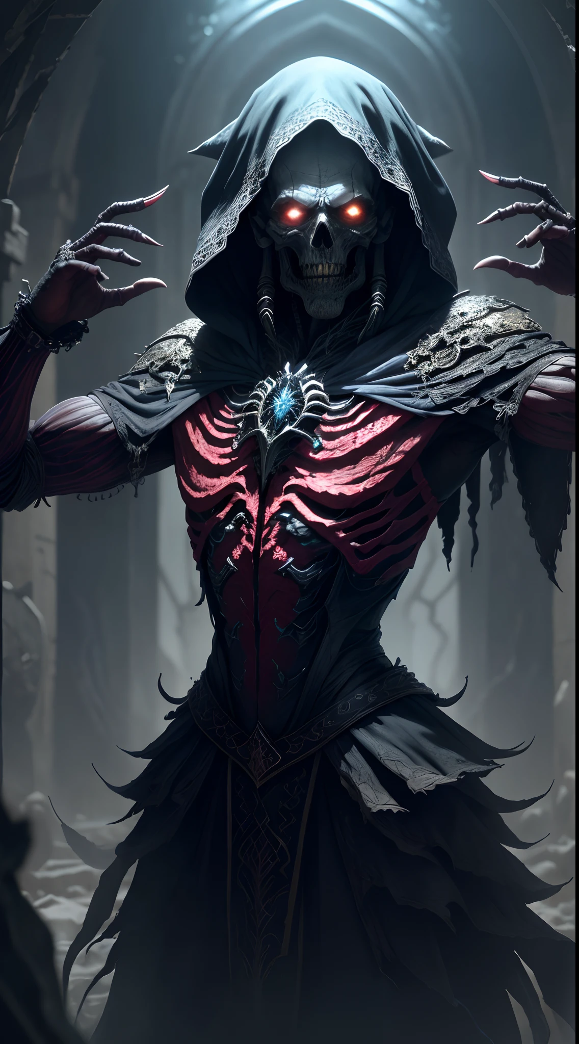 "A highly detailed and intense depiction of a terrifying necromancer, mid-shot and dramatically captured in ultra-detailed 8k wallpaper, showcasing intricate complexity."