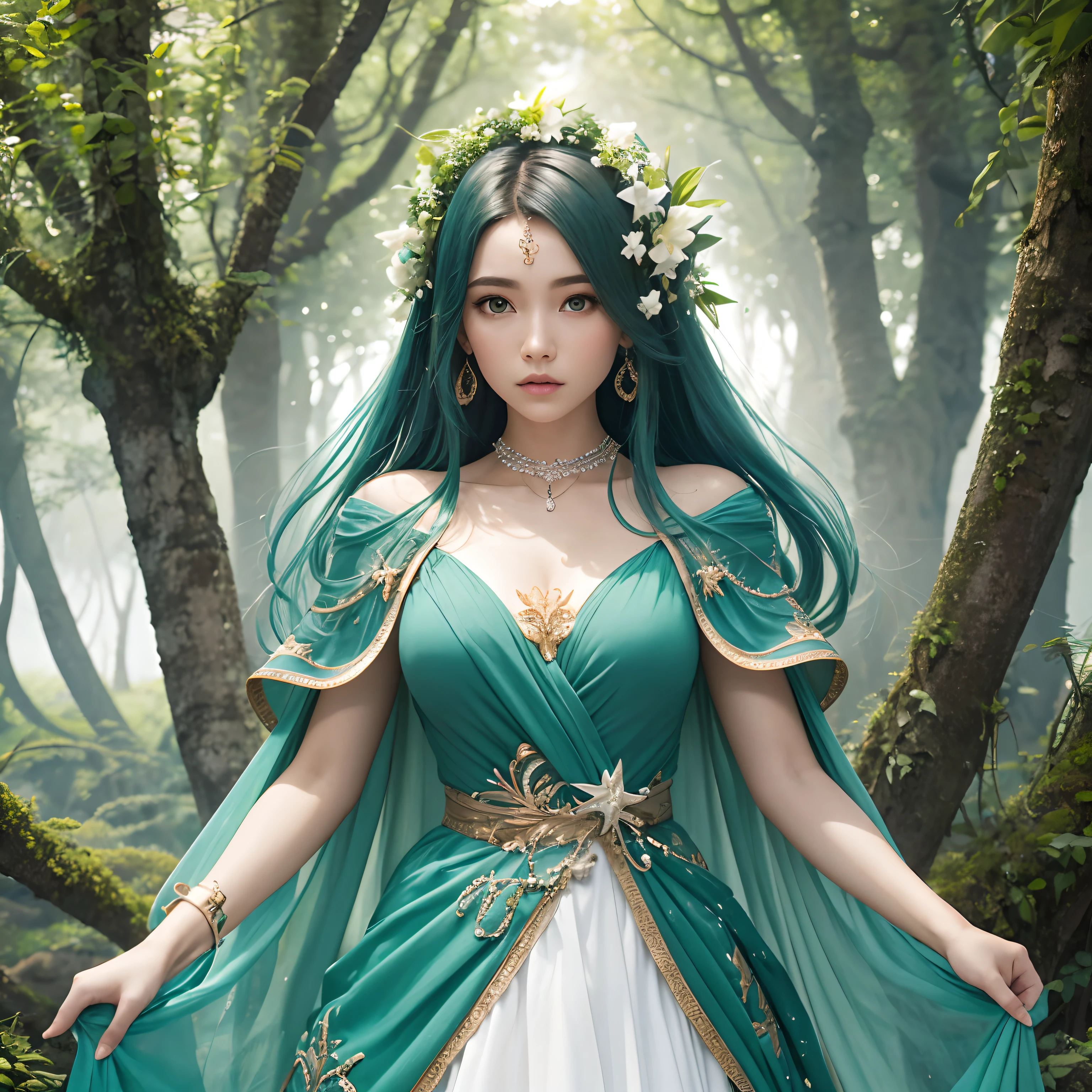 Uma feiticeira ciborgue incrivelmente detalhada, vestindo uma roupa modesta e elegante, Surrounded by mystical and magical sea green elements, verde, Branco, cores azuis, captured in ultra-high-resolution, best-quality CG images.