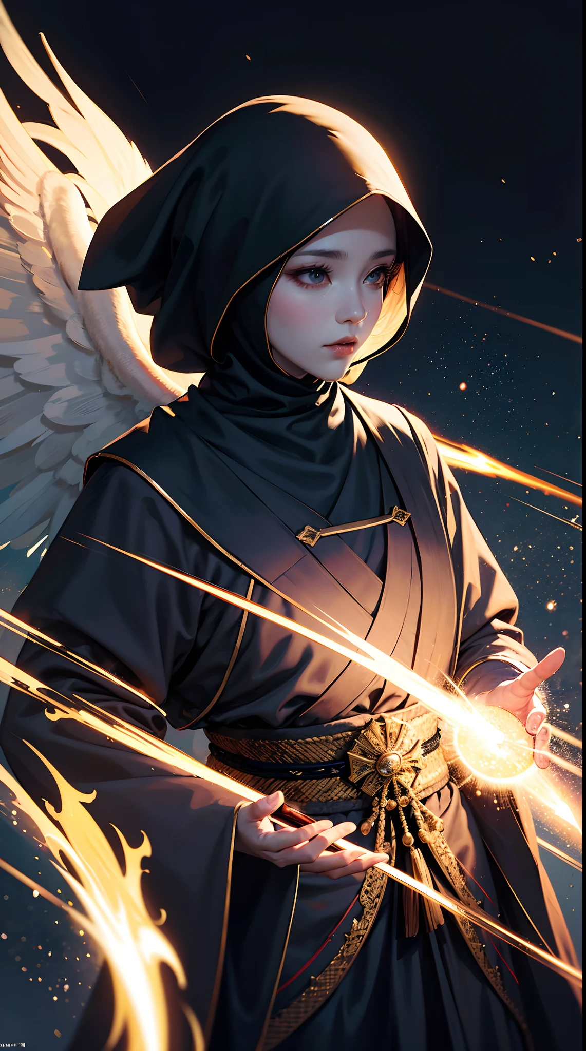 Angels no face, God-like face covering piece of cloth, hanfu, muslim Headscarf.HD lighting and dark )<=(epic image quality)dark atmosphere with bright particle light(many effects in background)