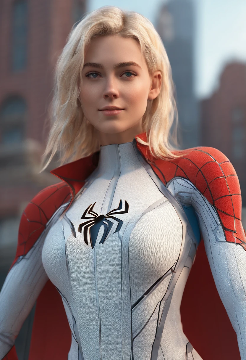 18 yo girl, white spider man suit, short blunt hair, blonde, beautiful face, rain, roof, masterpiece, intricate detail, perfect anatomy