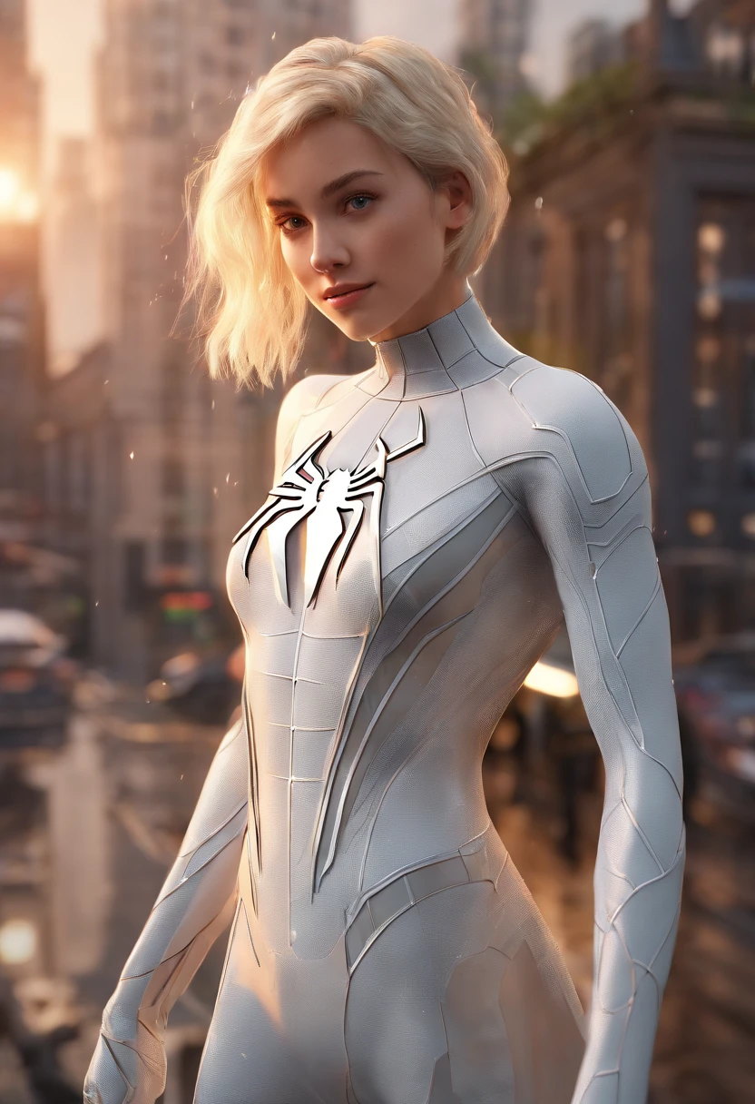 Female Spider-Man Gwen,white suit,Black spider symbol,ballet shoes,golden ratio body, Flexible body,calm expression,New York City at night,Cute gestures,heroism,majestic appearance,abdomen, and she is naked masturbating