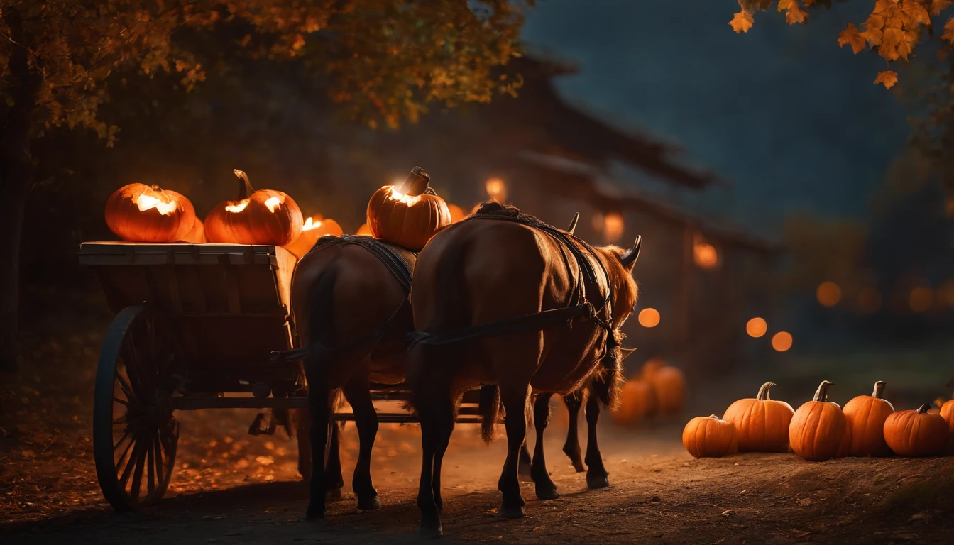 A ox cart carrying pumpkins, halloween style, fantasy village background, a photorealistic painting by irakli nadar, unsplash contest winner, hyperrealism, brandon woelfel, dark moody lighting, moody cinematic lighting, dark moody backlighting, very moody lighting, cinematic lighting photography, moody atmospheric, 500px photography