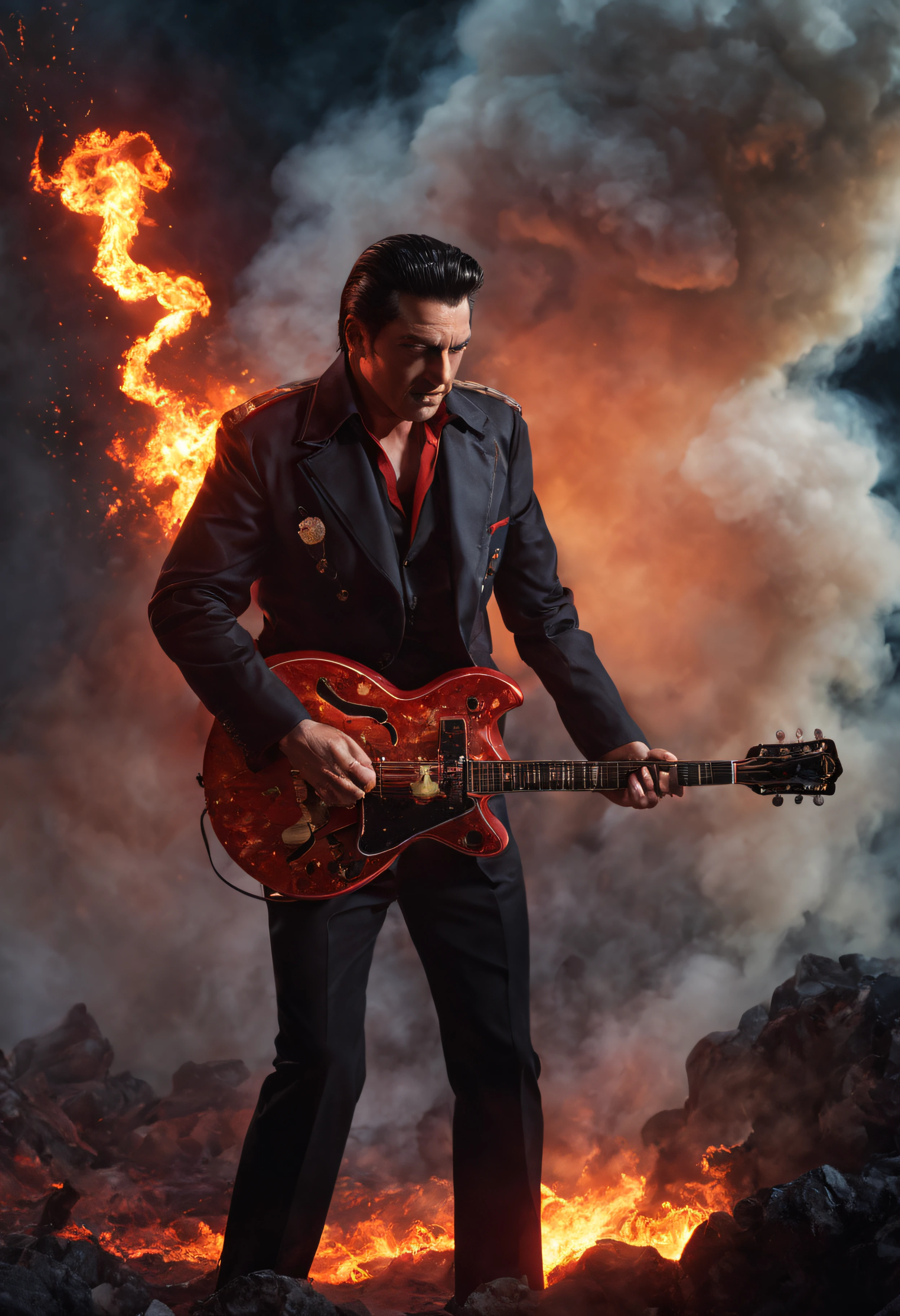 Bela Lugosi/Christopher Lee/Vincent Price/Jack Palance/Lon Chaney jr/Peter Cushing/John Carradine/George Hamilton/Frank Langella/Claes Bang/Gary Oldman/Gerard Butler/Richard Roxburgh hybrid as 20-year-old Elvis Presley playing a flaming red Hagstrom Viking II guitar, fire, lightning, volcanic lava, explosions, multicolored neon lights, dust, smoke, fog, clouds, 32k UHD, hyper realistic, photorealistic, highly detailed, sharp, extremely colorful, vibrant, frightening, terrifying, beautiful, professional quality digital photograph in the art style of Thomas Kinkade