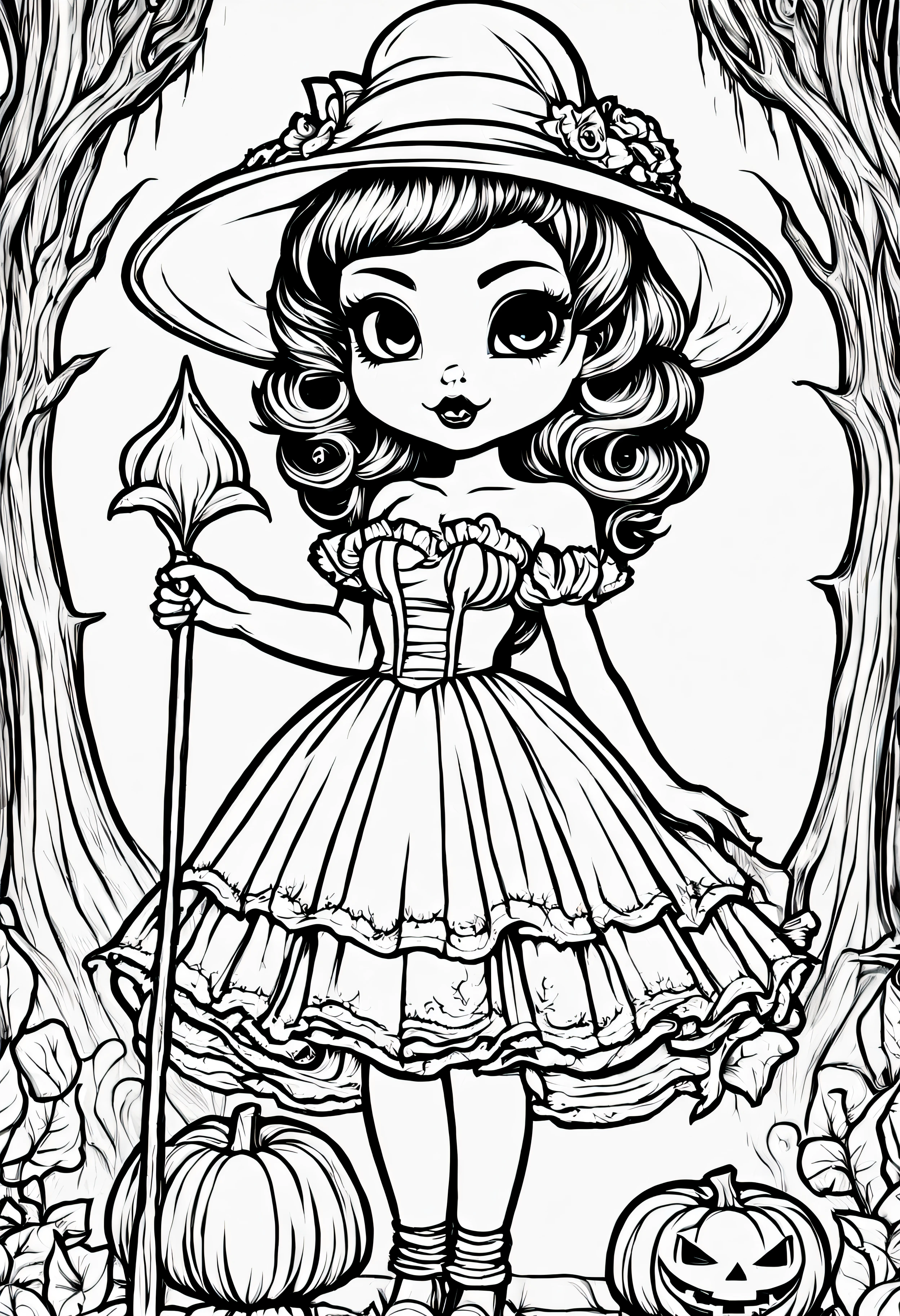 (ColoringBookAF) Coloring Book detailed line art, spooky chibi style pinup model trick or treating on halloween, cute pose, wearing a dress, 1950's, intricate details, highly detailed, hires, uncolored, unshaded, detailed background