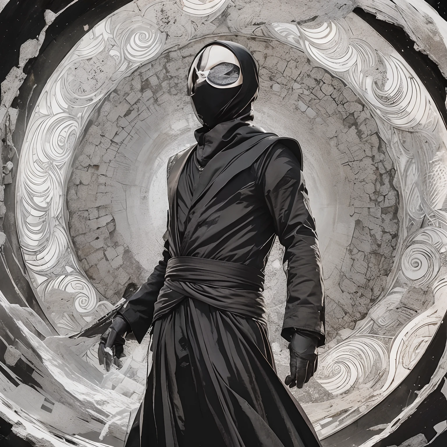 A man wearing a black cloak. A mask that covers the face Without features. Big white eyes.