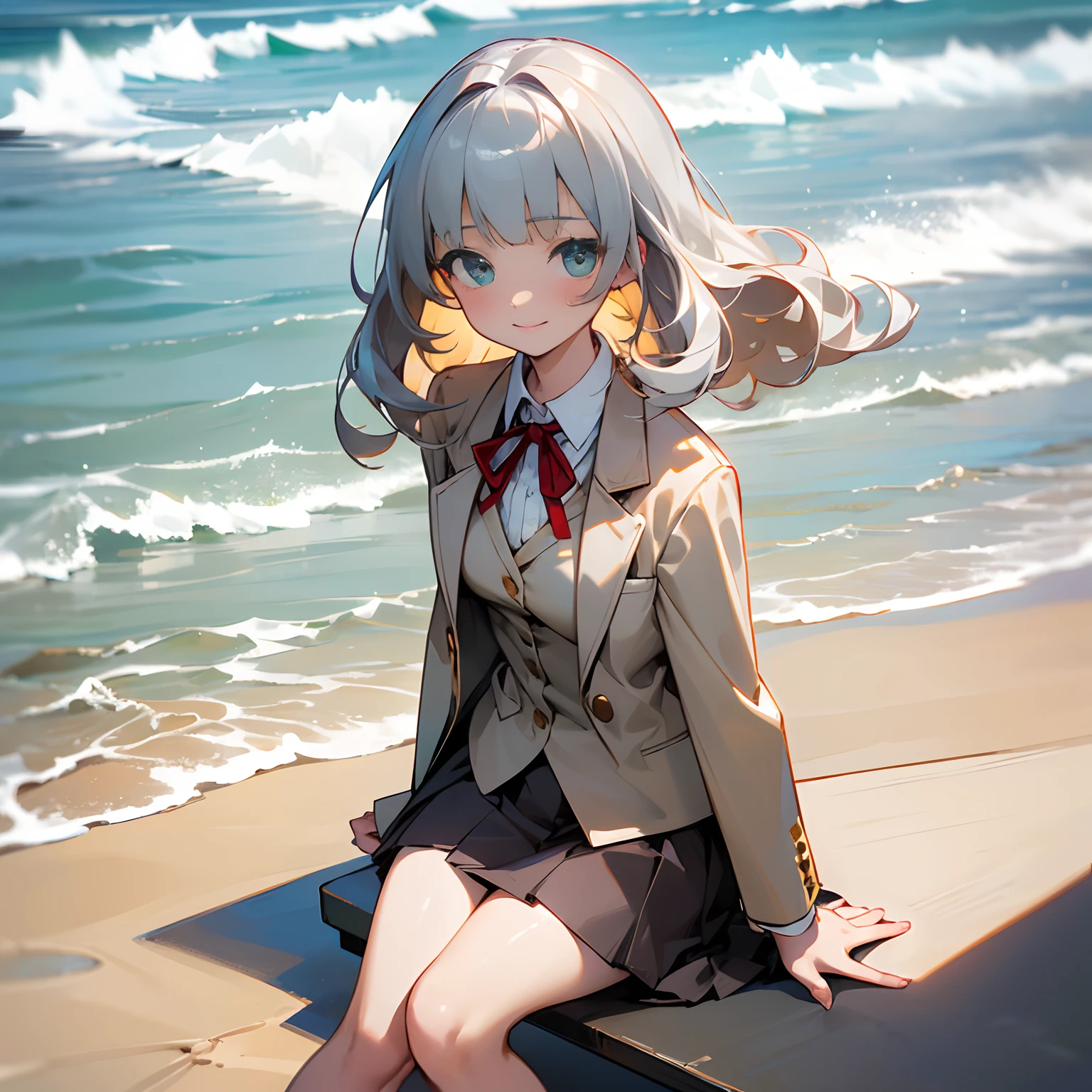 ((Masterpiece)), (Professional Photography:1.2), (High Definition:1.3), best quality, 8K, Textured skin, cinematic lighting, (1girl), short stature, ((cute teenage young girl)), on the coastline, (very blunt bangs, slightly loose curls hair, breasts length hair, high details of pale silver hair), (very blush and smile face), cute green eyes, drooping eyes, slender waist, (pale Ivory color blazer student's uniform, white blouse), put on red string ribbon, (brown skirt), sit on the beach, sunnyday
