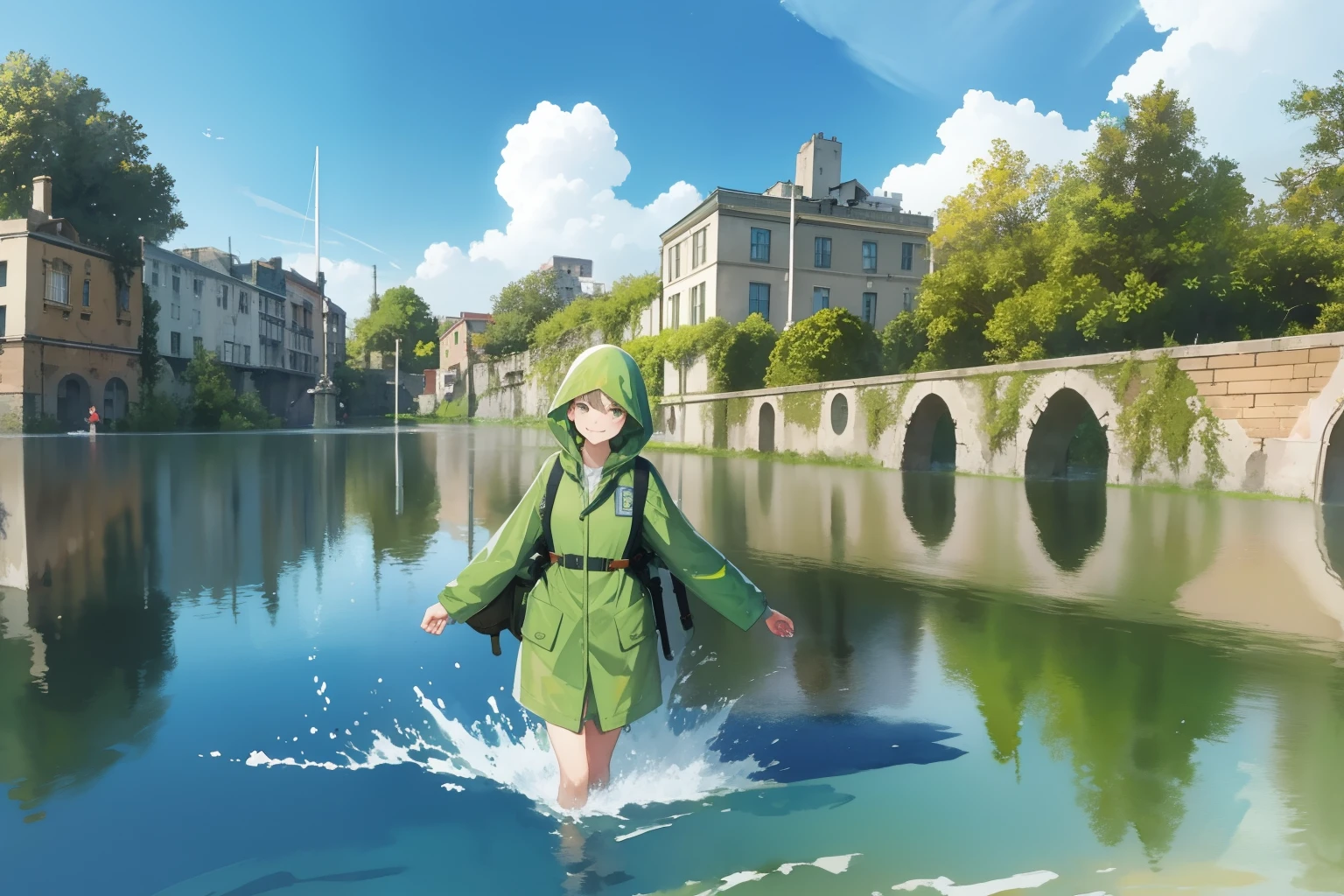 masterpiece, best quality, multiple girls, (closeup), 18yo teen, slim, small breast, smile, tired, wading in water, green raincoat, goggles on head, (backpacks), military pants, blue sky, bright sunlight, (flood), city ruins, watercolor