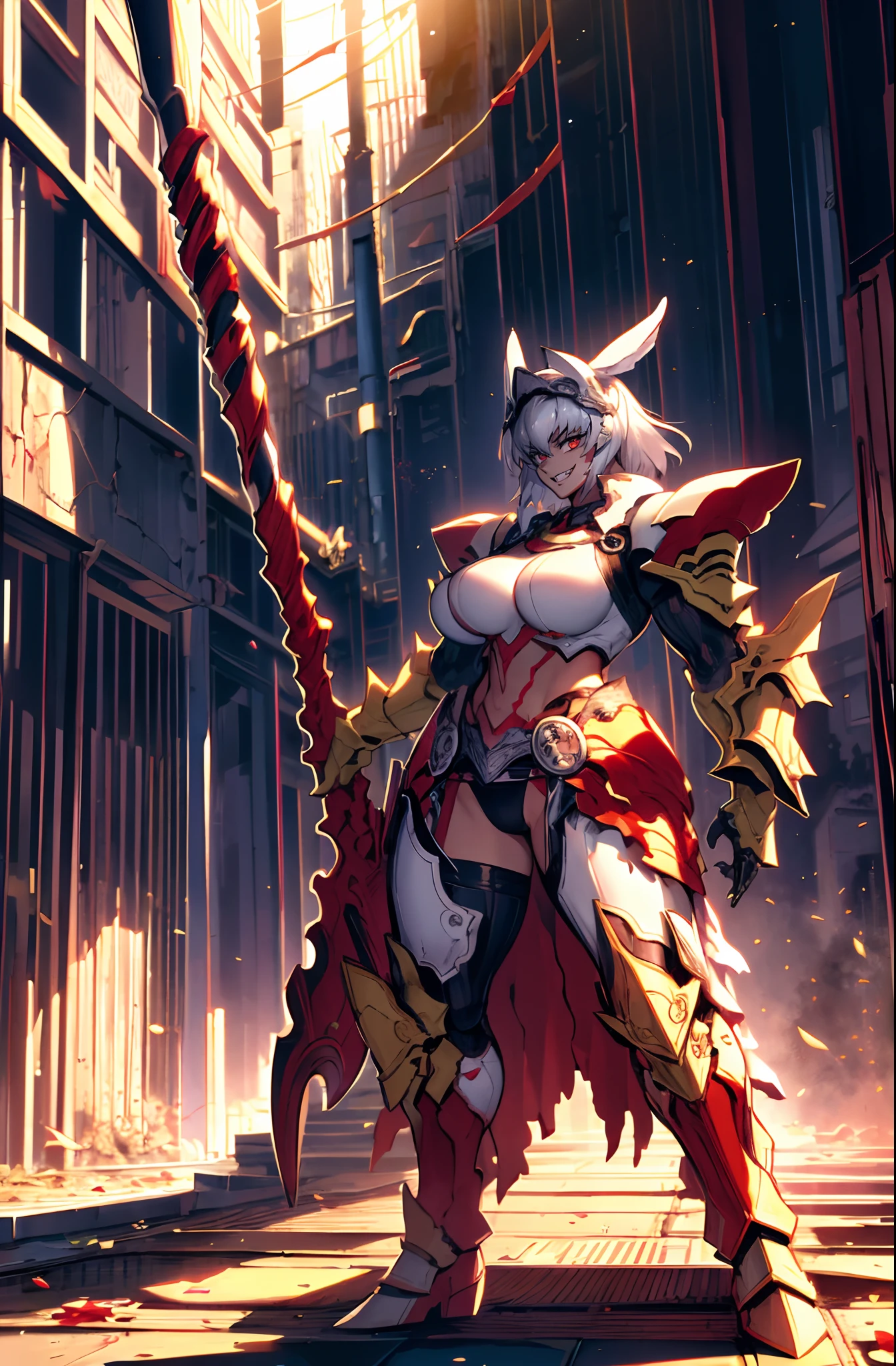 4k, highly detailed, anime style, HDR, subsurface scattering, in a temple, temple being destroyed, Greek temple on fire background, (masterpiece, best quality:1.2), caenis,( fgo stage 3), 1girl, big breasts, looking at fires, smile, short hair, white hair, bangs, red eyes, animal ears, open clothes, hairband, grin, (gold armor), body markings, white nails, epic scene, tall girl,full body, darskinned-female, , standing, musclegirl, forest, staff holding, posing, sharpteeth, crazy smile