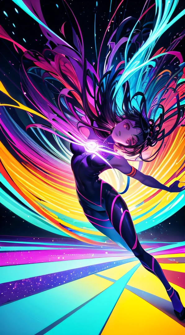 The image presents an abstract and vibrant setting, with intense colors that dance and intertwine in a kaleidoscopic ballet. Stylized geometric shapes float in the air, appearing to melt and melt into one another in an ethereal dance. Fluid lines intersect, creating hypnotic patterns and intriguing optical illusions. Amidst this explosion of color and form, surreal elements emerge, such as trees that appear to be made of bright lights and abstract creatures that defy the logic of reality. The image conveys a sense of energy, movement and infinite possibilities, inviting the viewer to explore a world of pure imagination and creativity.