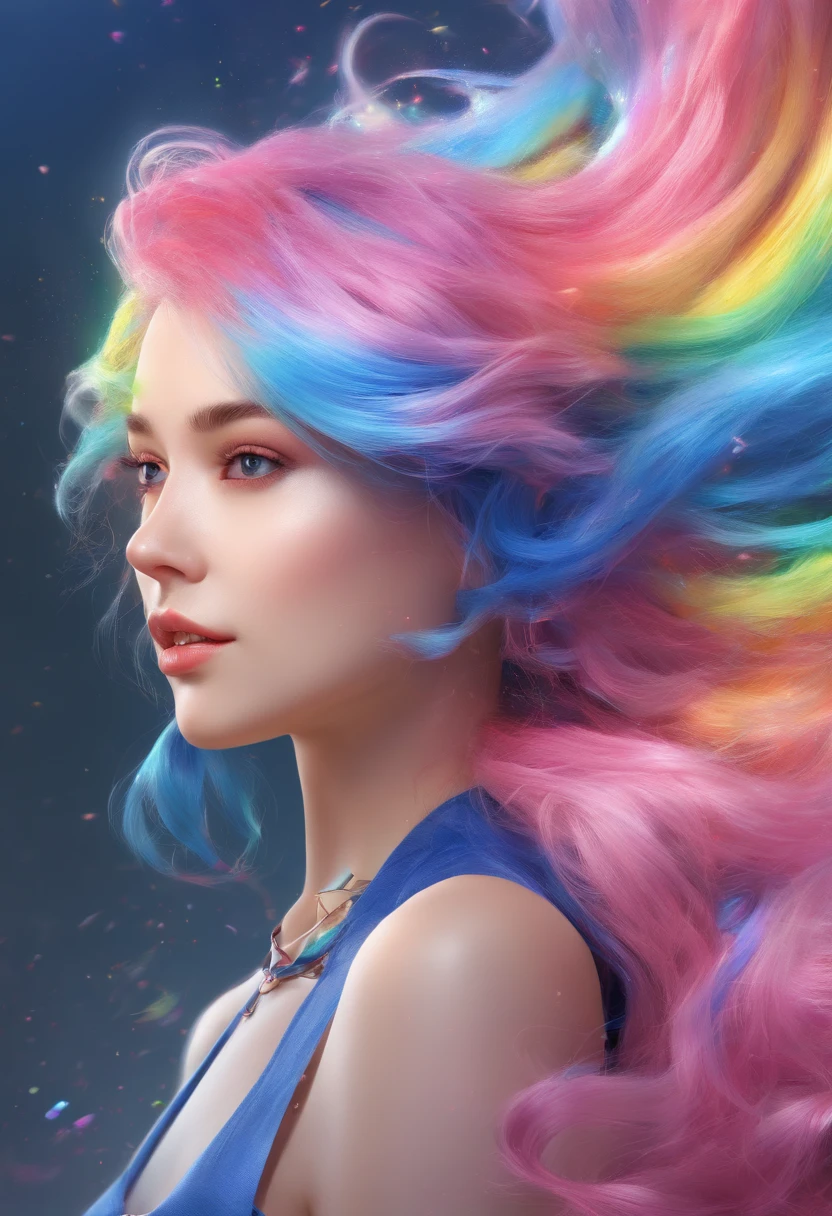 (masterpiece, top quality, best quality,watercolor (medium),official art, beautiful and aesthetic:1.2),(1girl:1.3), (fractal art:1.3),upper body, from side, looking at viewer,patterns,(rainbow color Hair,colorful hair,half blue and half pink hair:1.2),water,liquid, cloud,colorful, starry,stars,