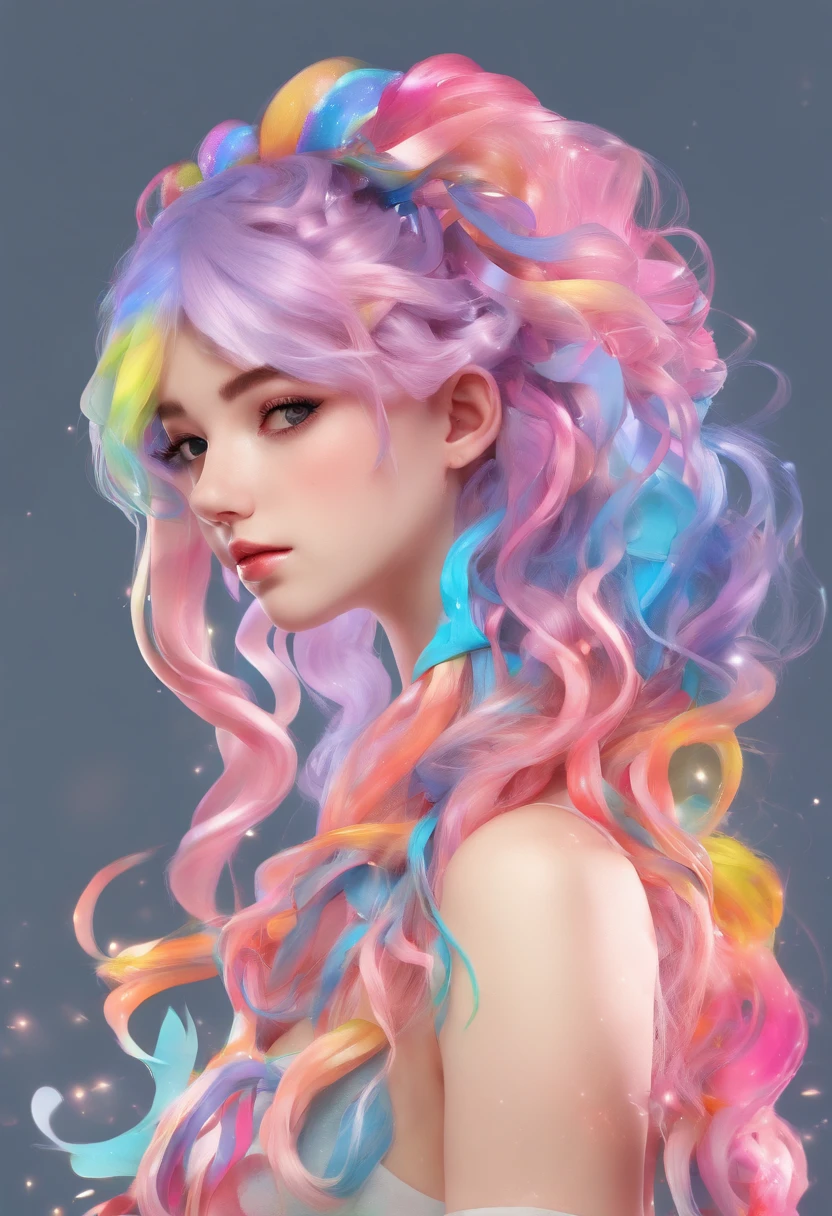 (masterpiece, top quality, best quality,watercolor (medium),official art, beautiful and aesthetic:1.2),(1girl:1.3), (fractal art:1.3),upper body, from side, looking at viewer,patterns,(rainbow color Hair,colorful hair,half blue and half pink hair:1.2),water,liquid, cloud,colorful, starry,stars,
