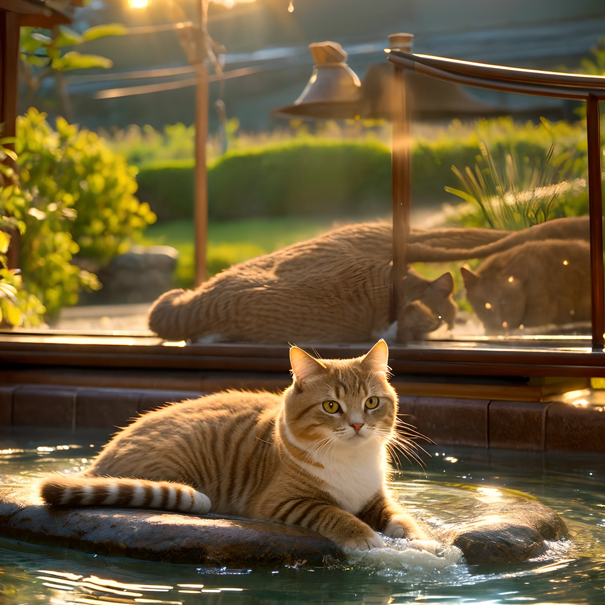 Super realistic、Warm tones、Soft light
one possible output prompt is。：
"Cat, (Best Quality, hight resolution, Ultra-detailed:1.2), Enjoy a relaxing time in the hot springs of Japan, (yuki), (Photorealistic:1.37), Warmth, Soft lighting"
Be careful：This is just an example，You can freely play and adjust it according to your theme needs。