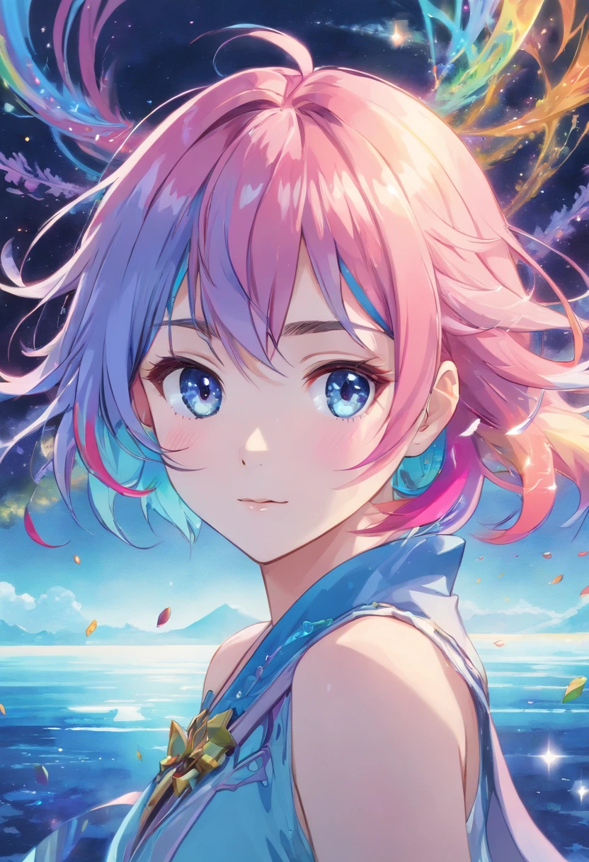 (masterpiece, top quality, best quality,watercolor (medium),official art, beautiful and aesthetic:1.2),(1girl:1.3), (fractal art:1.3),upper body, from side, looking at viewer,patterns,(rainbow color Hair,colorful hair,half blue and half pink hair:1.2),water,liquid, cloud,colorful, starry,stars,