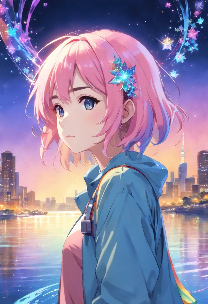 (masterpiece, top quality, best quality,watercolor (medium),official art, beautiful and aesthetic:1.2),(1girl:1.3), (fractal art:1.3),upper body, from side, looking at viewer,patterns,(rainbow color Hair,colorful hair,half blue and half pink hair:1.2),water,liquid, cloud,colorful, starry,stars,
