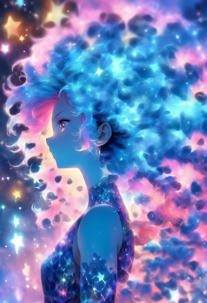 (masterpiece, top quality, best quality,watercolor (medium),official art, beautiful and aesthetic:1.2),(1girl:1.3), (fractal art:1.3),upper body, from side, looking at viewer,patterns,(rainbow color Hair,colorful hair,half blue and half pink hair:1.2),water,liquid, cloud,colorful, starry,stars,