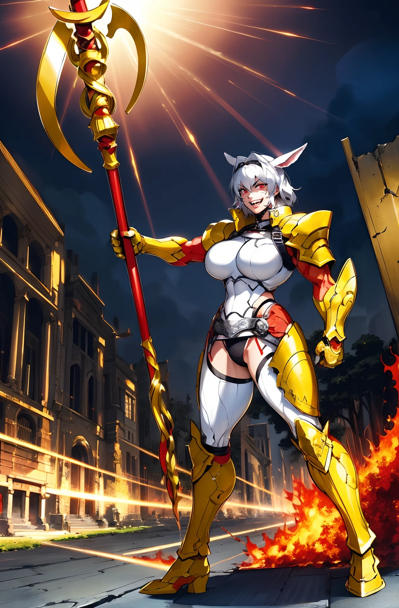 4k, highly detailed, anime style, HDR, subsurface scattering, in a temple, temple being destroyed, Greek temple on fire background, (masterpiece, best quality:1.2), caenis,( fgo stage 3), 1girl, big breasts, looking at fires, smile, short hair, white hair, bangs, red eyes, animal ears, open clothes, hairband, grin, (gold armor), body markings, white nails, epic scene, tall girl,full body, darskinned-female, , standing, musclegirl, forest, staff holding, posing, sharpteeth, crazy smile