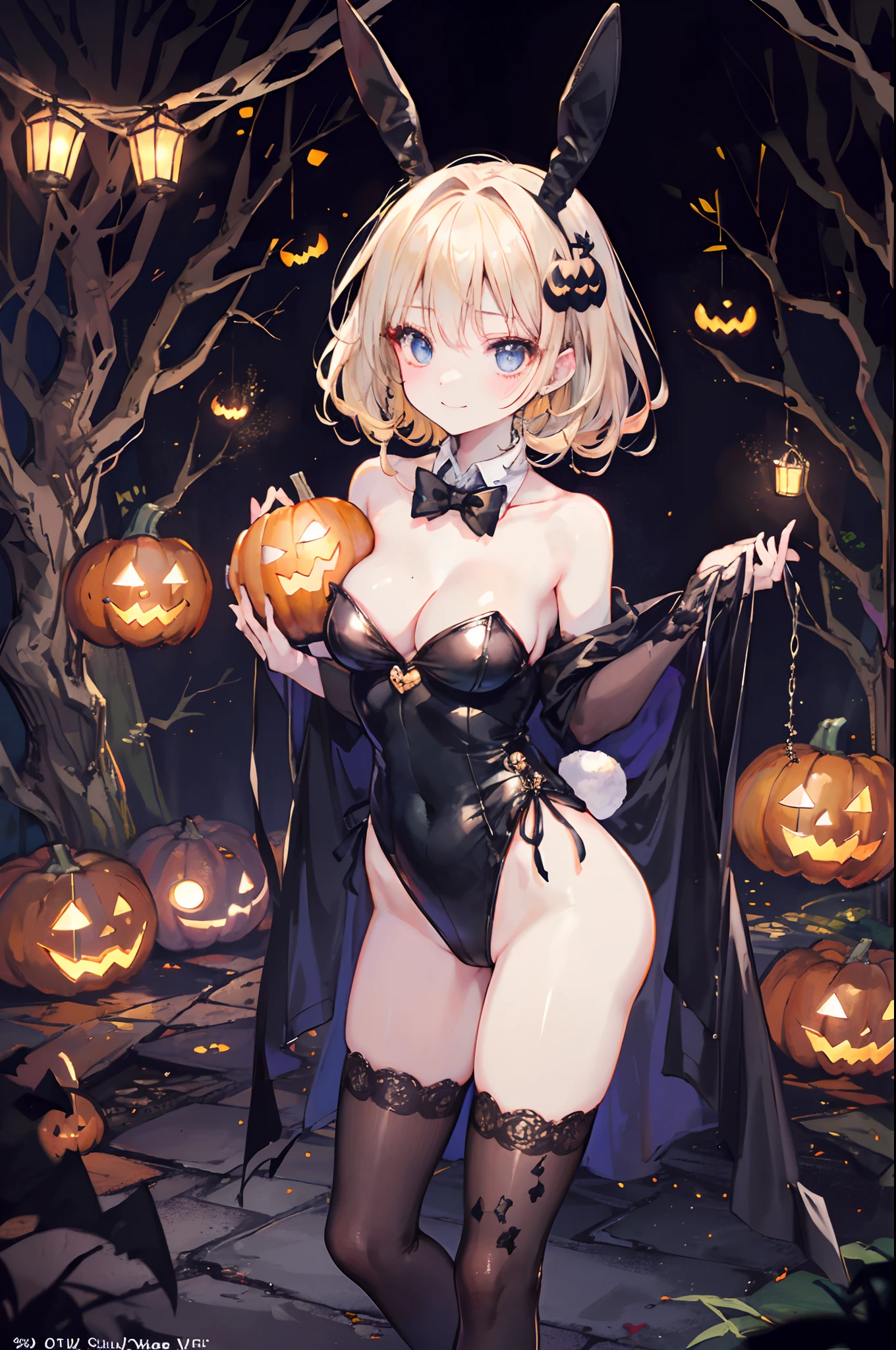 (Official art、Best Quality、Unity 8k Wallpapers、32K、masterpiece、ultra-detailliert、超A high resolution、realisitic、Photorealsitic:1.2)、(Cinematic lighting:1.2)、Fireglow effect、film grains、Best Shadows、(Ultra-detailed and complex 3D rendering)、Detailed beautiful face and eyes、Realistic pupils、Sharp pupils、A slender、Medium bust、(Full body:1.2)、side lights、 Highly detailed background、(super detailed skin、detailed skin textures:1.3)、(Close-up of a group of carved pumpkins in the park, jack-o-lanterns, Pumpkin glowing under the tree, Halloween atmosphere, Halloween Scene, jack - o'- lantern, pumpkins, Evil spirits walk around with lanterns, halloween celebration, Halloween, Spooky and scary atmosphere, halloween theme, Halloween Decorations, halloween night, shutterstock, trick or treat, edited、Very colorful、Vivid Color)、shinny skin、 20-year-old beauty、Beautiful wavy platinum blonde hair、 Blue eyes、beauitful face、Playboy Bunny Girl、High-cut leotards、a bow tie、Cuffs、Wearing fishnet stockings、Black rabbit ears、Ghost pumpkin hair ornament、With a rabbit tail in the ass,,,,,,,,,,,,,,,,,、Holding a haunted pumpkin in both hands、Bring your arms forward、(Happy expression on face、Self-satisfied smile:1.2)、dynamicposes