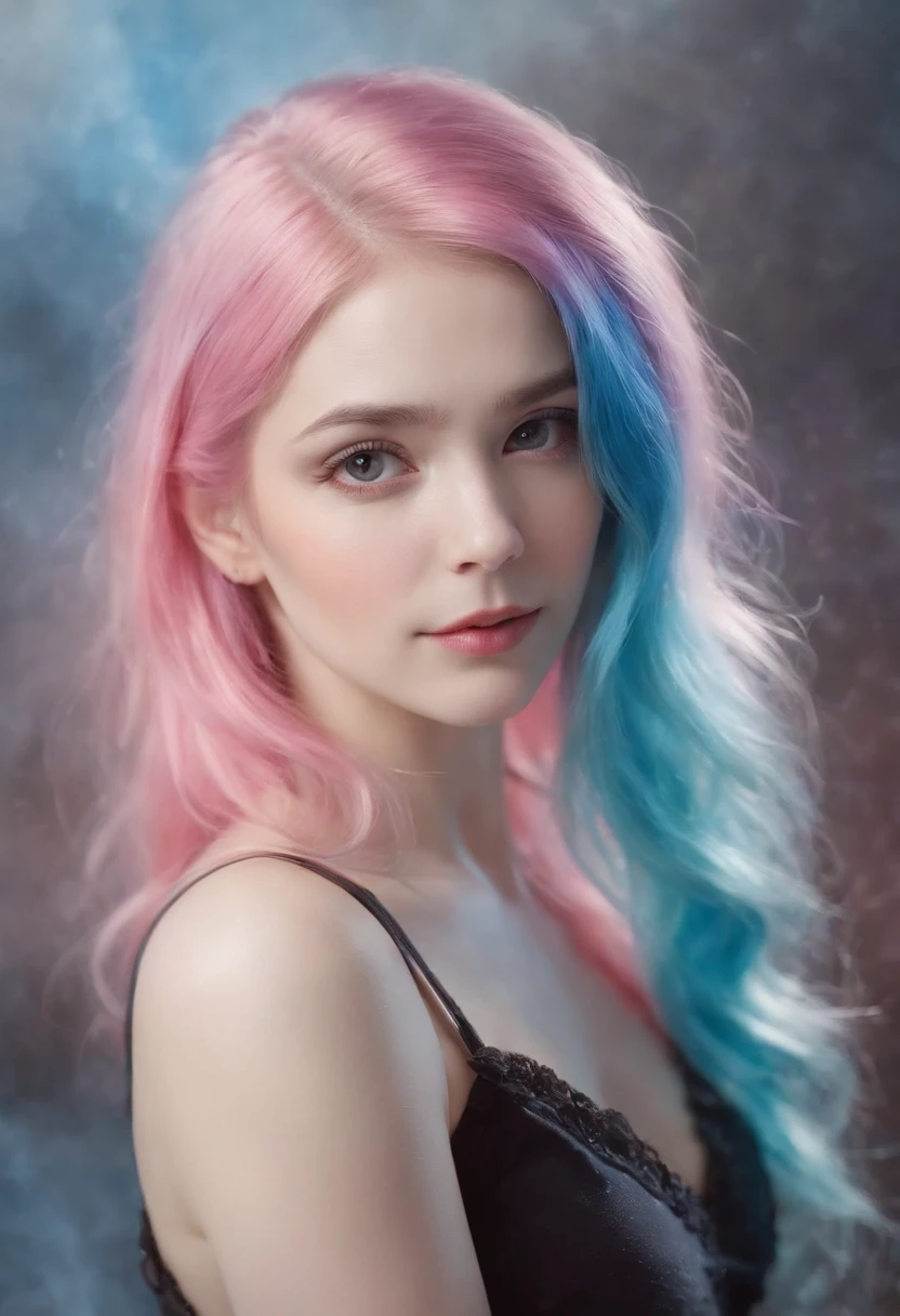 (masterpiece, top quality, best quality,watercolor (medium),official art, beautiful and aesthetic:1.2),(1girl:1.3), (fractal art:1.3),upper body, from side, looking at viewer,patterns,(rainbow color Hair,colorful hair,half blue and half pink hair:1.2),water,liquid, cloud,colorful, starry,stars,