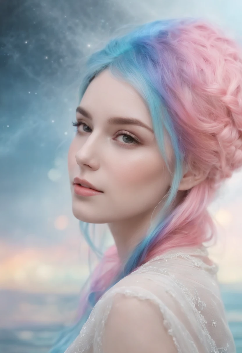 (masterpiece, top quality, best quality,watercolor (medium),official art, beautiful and aesthetic:1.2),(1girl:1.3), (fractal art:1.3),upper body, from side, looking at viewer,patterns,(rainbow color Hair,colorful hair,half blue and half pink hair:1.2),water,liquid, cloud,colorful, starry,stars,