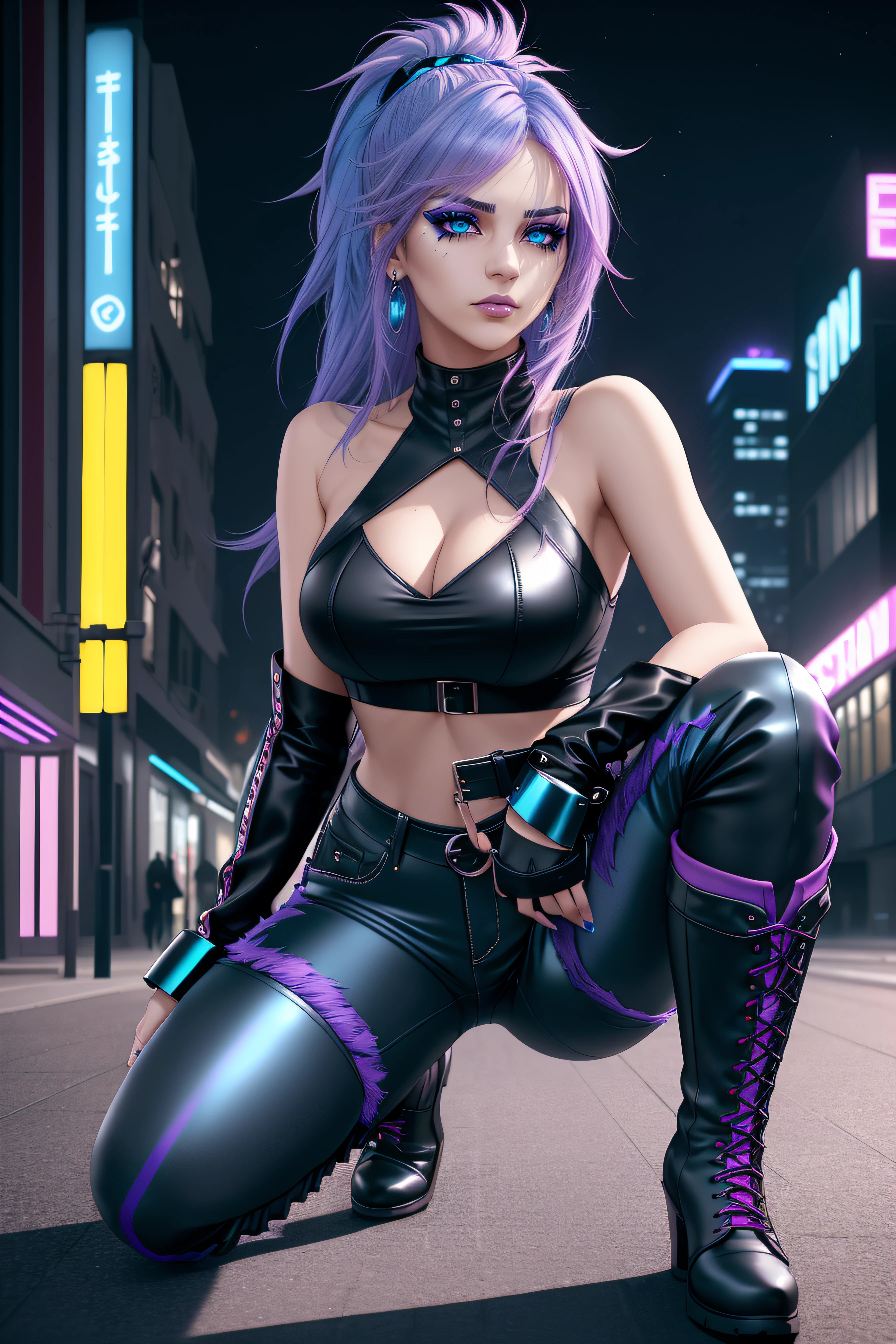 beautiful girl, full body, short bright cyan and purple streaked dishevelled hair, large blue piercing eyes, black eyeshadow, (street style wear:1.2), ((tight fitted pants)), ((knee high leather boots)), (city night background:1.2), dark makeup, digital art, trending on artstation, highly detailed, fine detail, intricate, beautiful detailed glow, detailed, Cinematic light, high-res, detailed facial features, sharp focus, smooth, aesthetic,