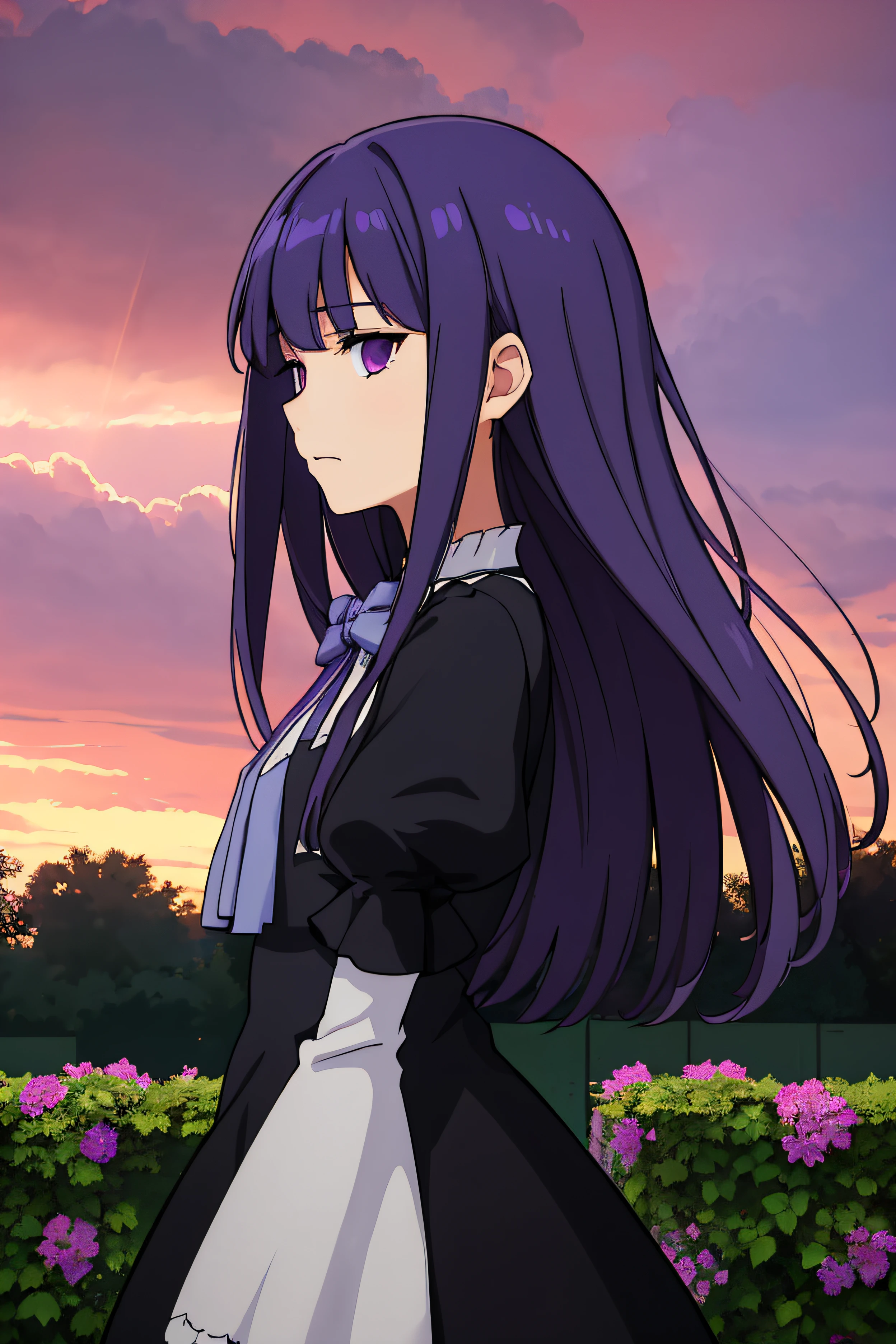 (masterpiece),best quality, frederica bernkastel, dress, bowtie, purple eyes, purple hair, garden, cloudy weather, thunder, storm,  red sky, inexpressive, empty eyes, blank eyes, bored, looking at the viewer, (side view;1.5),