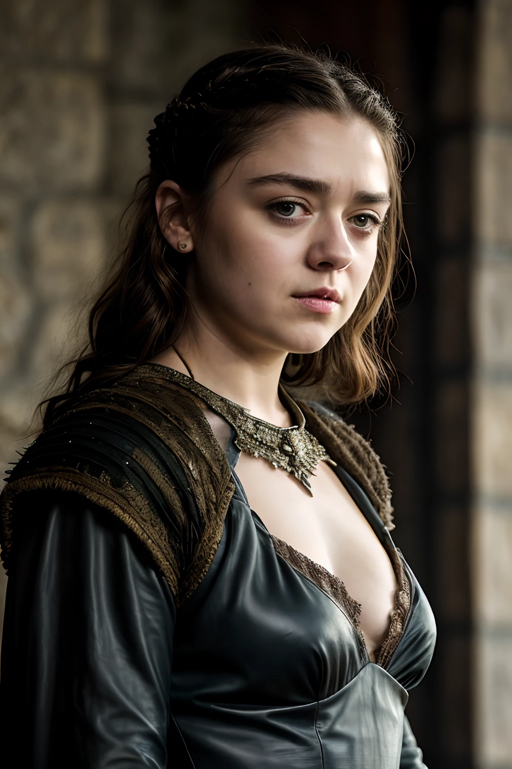 Foto RAW, Arya Stark, Extremely gorgeous lady, Arya Stark PLAYED BY MAISIE WILLIAMS, Queen Arya Stark, she is a mature woman now, milf, sexy mediaeval battle dress, gladiator woman, body, 40 years old Woman, body revealing costumes, perky breast, big natural breast, erotic costumes, lusty physique, seductive figure can capture every people's attention, Game of thrones costumes, revealing captivating figure, Mediaeval costumes, revealing clothes, A tomboy, she would rather fence than dance, warrior queen , game of thrones screen caps, Game of Thrones Series, (pele altamente detalhada: 1.2), 8k UHD, DSLR, soft-lighting, alta qualidade, grain of film, Fujifilm XT3, flawless picture, highly detailed, detailed Beauty, intricate, 32k, sharp picture,