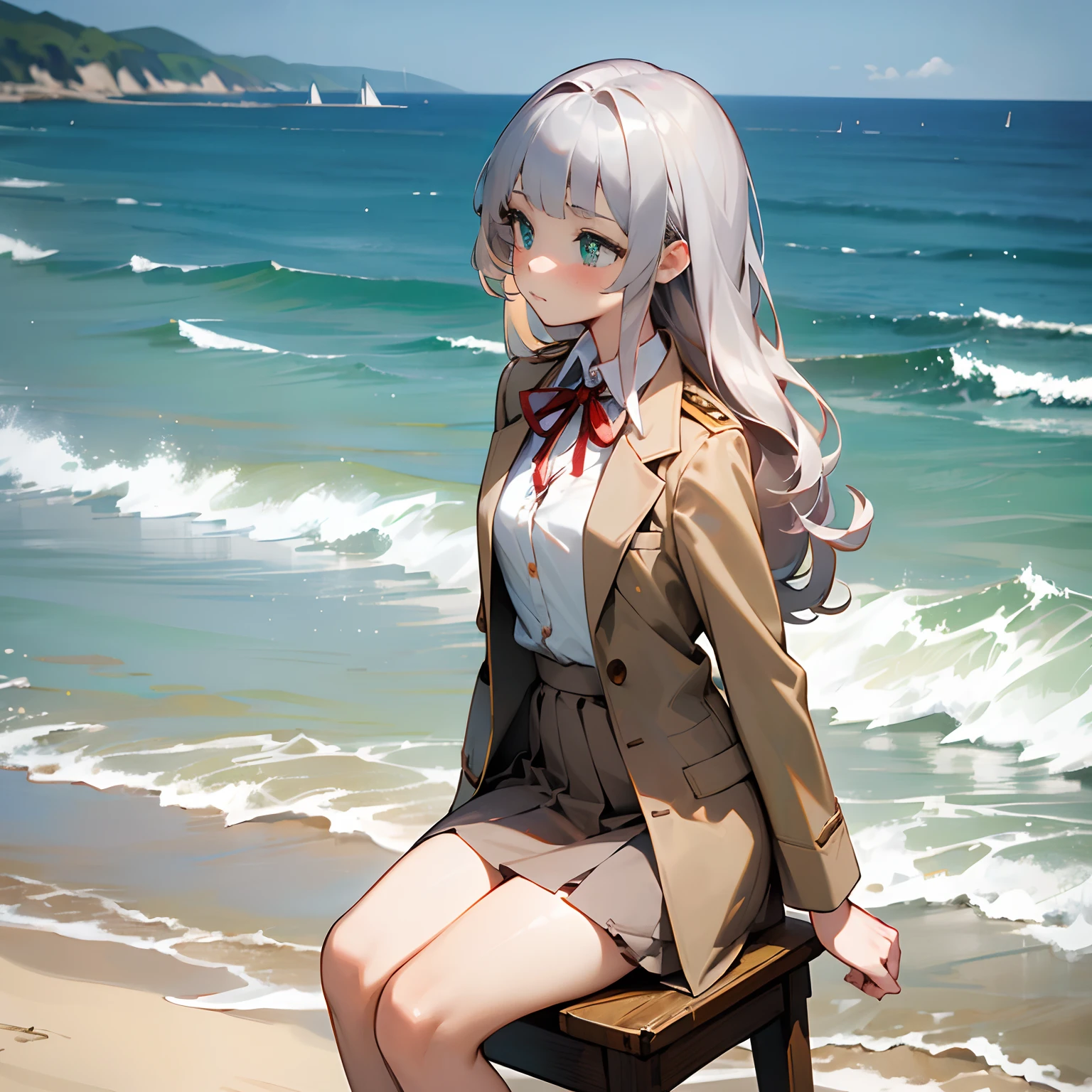 ((Masterpiece)), (Professional Photography:1.2), (High Definition:1.3), from side, best quality, 8K, Textured skin, cinematic lighting, (1girl), short stature, ((cute teenage young girl)), on the coastline, (very blunt bangs, slightly loose curls hair, breasts length hair, high details of pale silver hair), very blush and sad face, (cute green eyes), drooping eyes, slender waist, (pale Ivory color blazer student's uniform, white blouse), put on red string ribbon, (brown skirt), sit on the beach, sunnyday