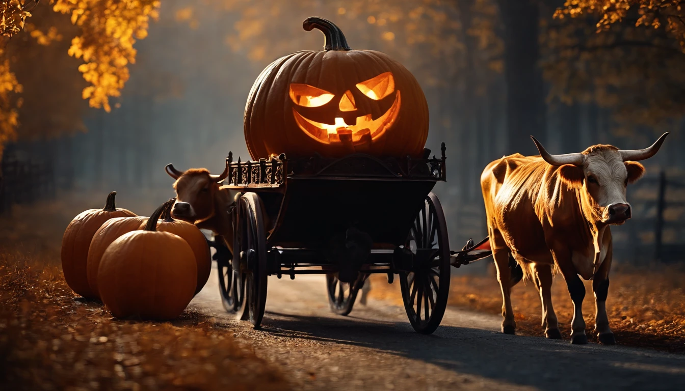 A pumpkin carriage driven by cows, halloween style, fantasy village background, detailed object, highly detailed, lots of detail, dynamic composition, aesthetic art, detailed photorealistic painting by irakli nadar, hyperrealism, brandon woelfel, moody cinematic lighting, dark moody backlighting, movie scenes style, moody atmospheric, 500px photography
