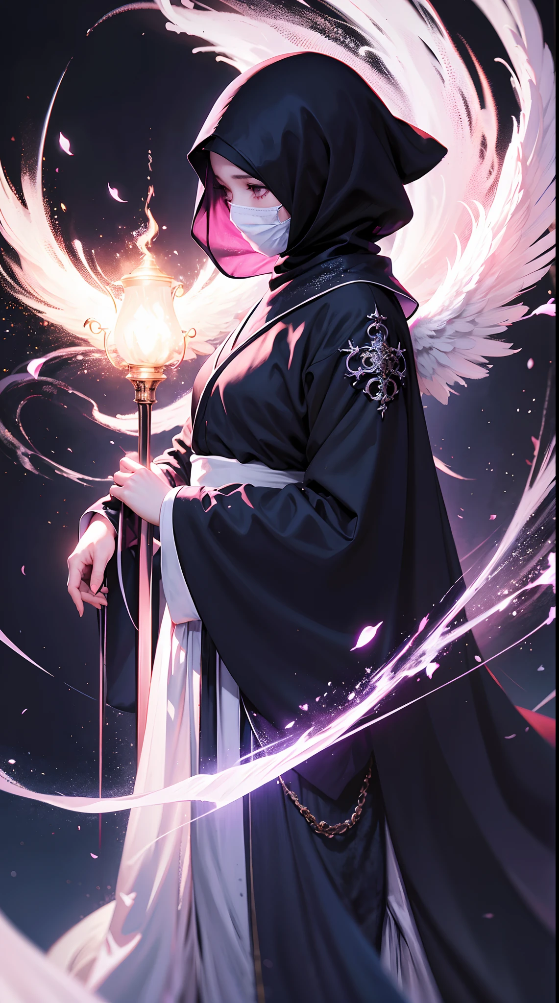 Angels no face, God-like face covering piece of cloth, hanfu, muslim Headscarf.HD lighting and dark )<=(epic image quality)dark atmosphere with bright particle light(many effects in background), sakura blossom atmosfer.
