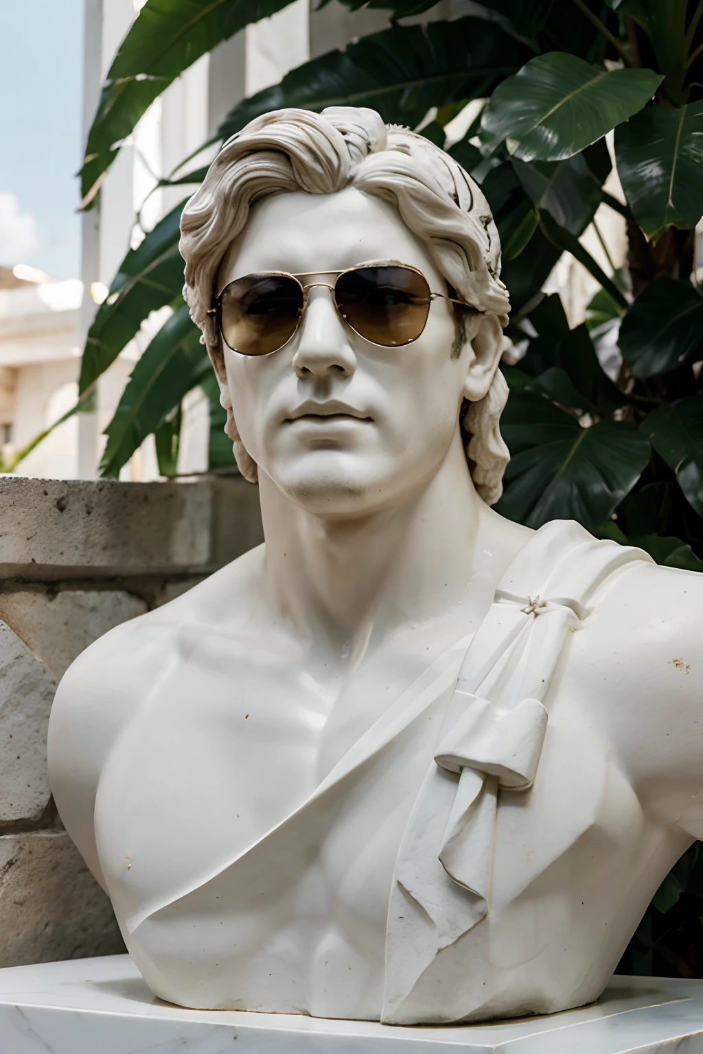 I dare you to create a bust of Greek God with sunglasses, flores, estatua, detalhista, realista, cinza claro e fundo branco