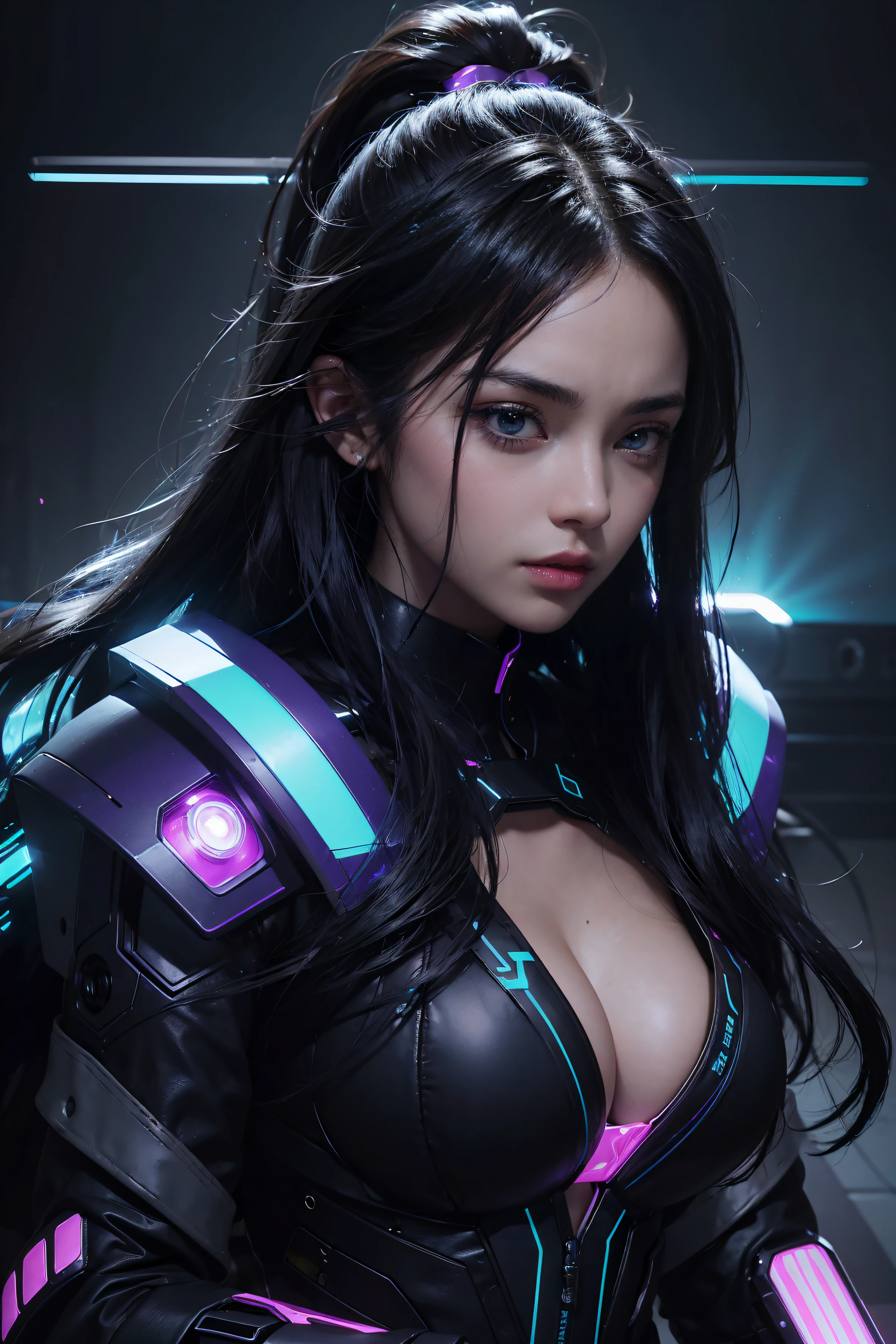 (black long wavy hair with blue and purple neon lighting:1.2),(close-up photo:1.2) Best image quality, Masterpiece, Ultra-high resolution, (Fidelity:1.4), ((cyber punk personage)), Mila Kunis, deep cleavage, large breasts,  cyber outfit, Futuristic, ((Award-winning ultra-realistic photos))，(Hyper-detailing），(Complicated details），(High resolution CGI artwork 8k), LED light, atmospheric lighting, illuminated by neon lights,