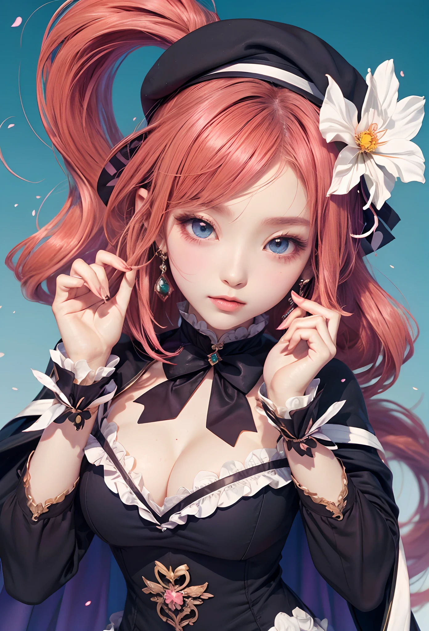 (Detailed illustrations,Very detailed and detailed drawing,Delicate lines with slow and rapid,Realistic texture expression),[Color tressed main line],[Autumn Park [tree-lined street](Colored leaves)],[HENTAI] kawaii ((anime) tareme Girl (Pretty) 14years [SKINNY [large full breasts]]) (Crimson hair [Bangs parted in the middle [Hair collection]]) ((magical  girl)),((Cosmos flower) beret) (High collar cape (Ren Hao (frilld) bow ribbon) [Salopette] [Color stockings] [stall] [Silk Fabric]),Transparency [Soft ambient light] gravure [[Unhappy]][Colorful],(Intricate and beautiful decoration [Dense detail]),(Fine and beautiful skin expression [Transparency]),[Perfect eye details (Iris beautifully drawn in every detail)[Jewel-like eyes]],[long and beautiful eyelashes],[Meticulously drawn hair [More on beautiful and shiny hair]],(Perfect hand details [Beautiful fingers without breakdowns [Beautiful nails]]),(Perfect Anatomy (Perfectly proportioned)) [[Full body like]],[Ideal color coordination(Accurate simulation of light-material interactions)],(HighQuality,[Precision Detail] hight resolution,(detaileds,high-detail)),[[Pale and gentle colors]][Visual art that conveys a sense of narrative] [[Eros in the Natural Body]].