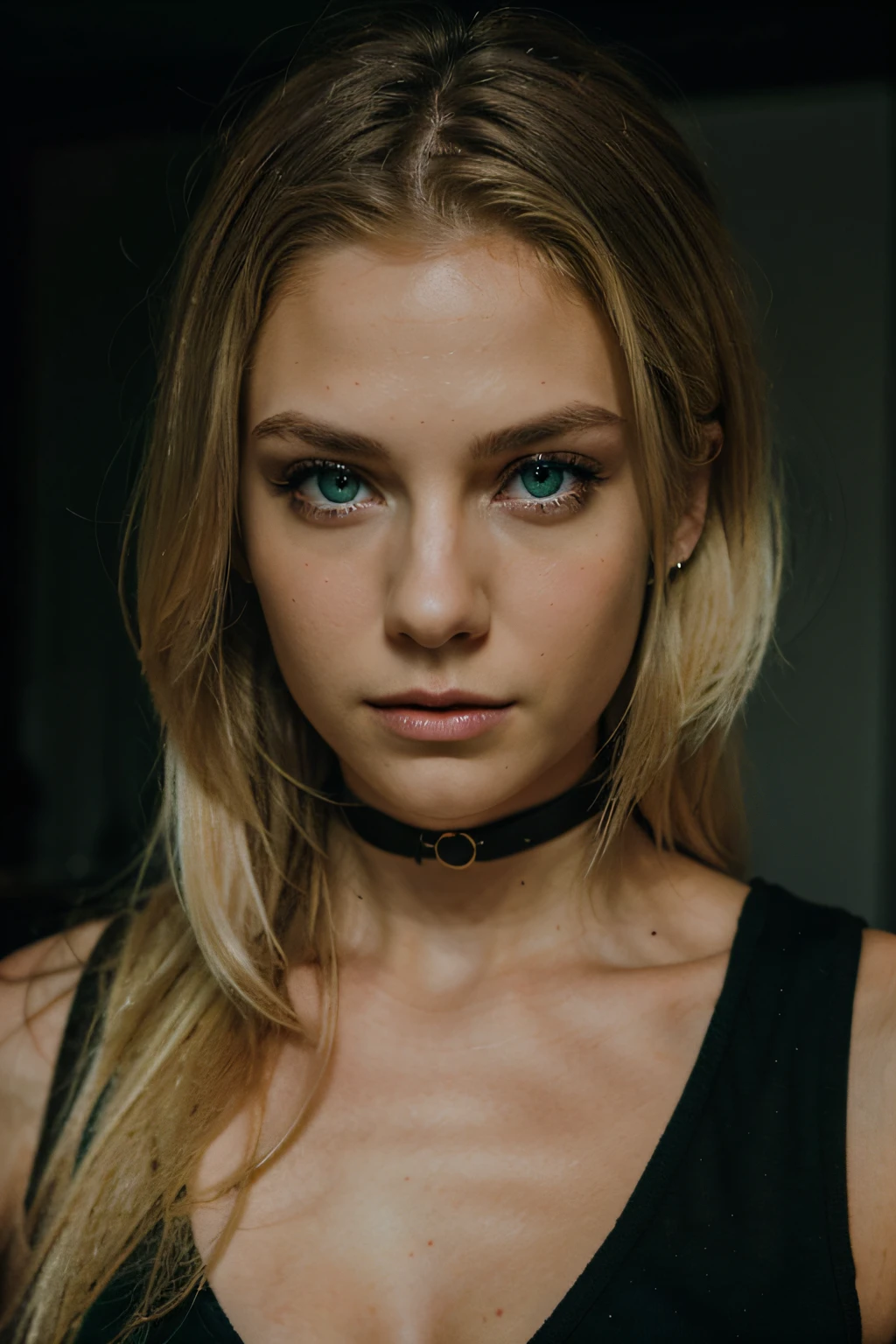 Green eyed blonde girl with dark look