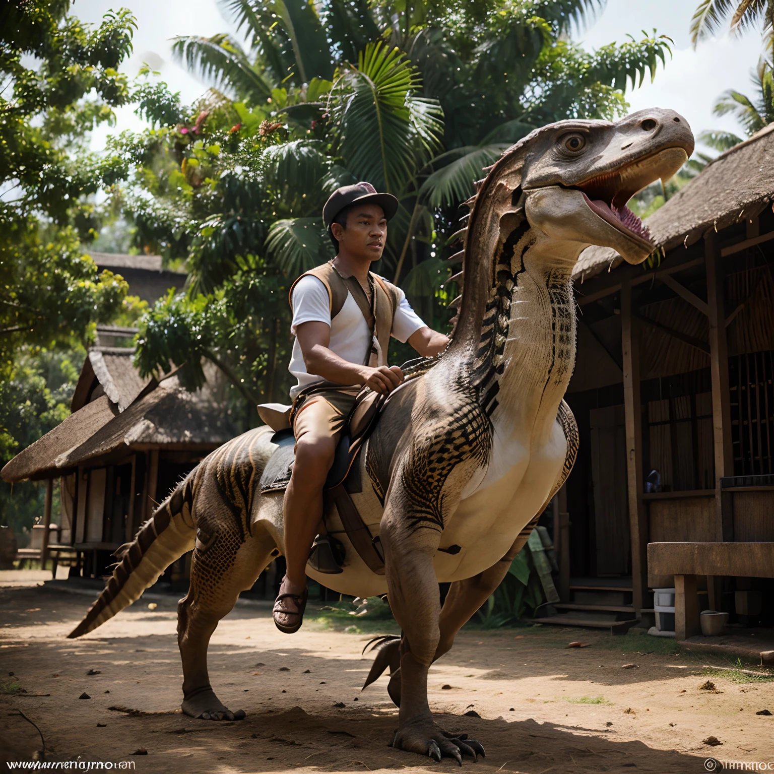 25year old Indonesians man riding Velociraptor at tradisional Indonesia village, Hyper detailed realistic face, Hyper detailed realistic image, Daylight scene