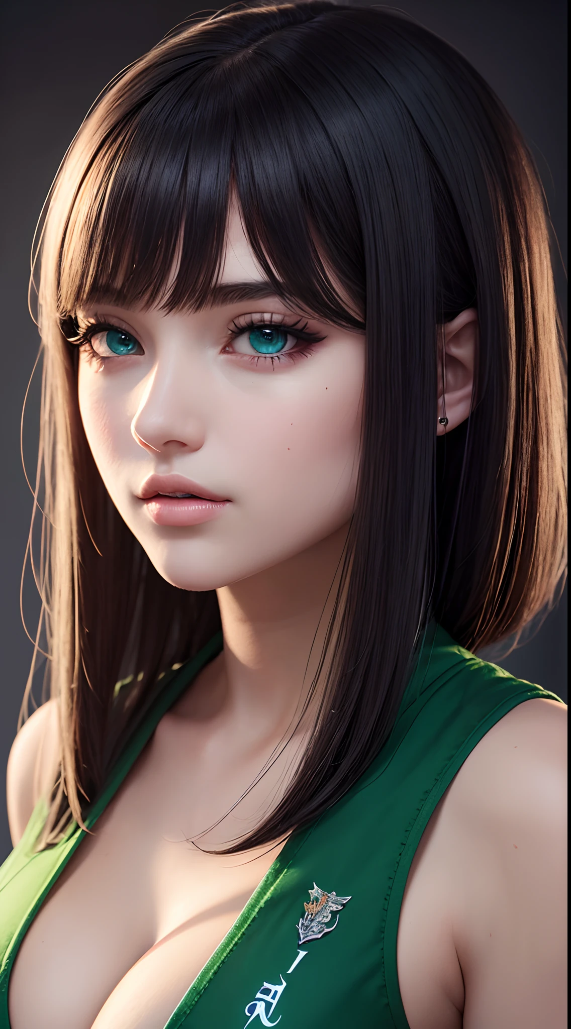 Hogwarts student girl, slytherin student, Ultra detailed beautiful woman, voluminous breasts, of a 20-year-old woman, Stunningly beautiful, black color hair, straight hairstyle, blue color eyes, very long eyelashes, Stunningly beautiful face, holographic, ultra detailed illustration, hit definition, Very bold and bright colors, 32K resolution, hogwarts wear, Best Quality, voluminous lighting, masterpiece, ultra realistic , High-quality detailing