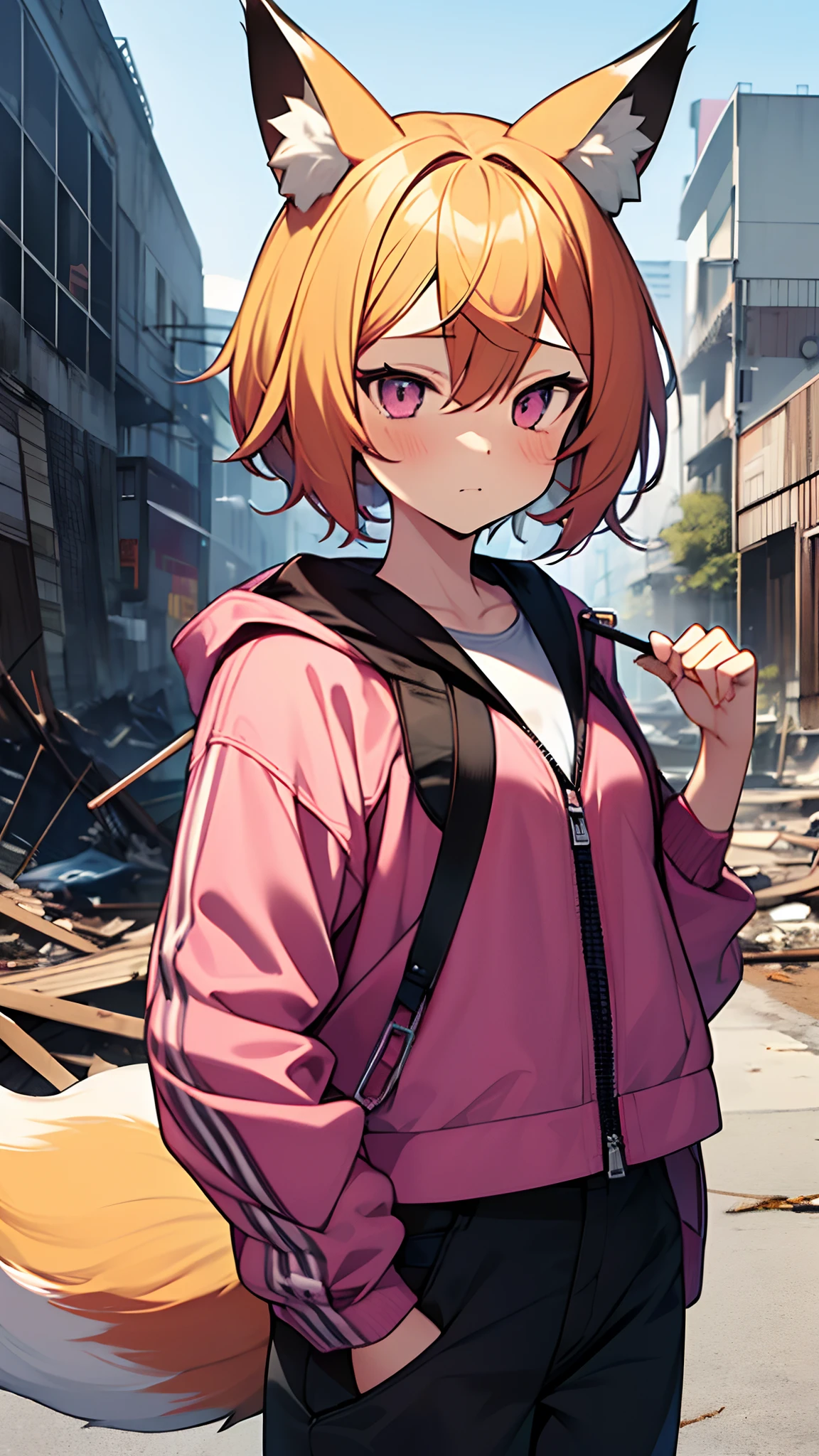 ((masterpiece)),1girl, solo, fox girl, fox ears, (one fox tail:1.4), upper body, pink jacket, cute anime girl, short hair, bored, dirty clothes, standing in front of a destroyed building, overcast weather, modern anime style, ultra high res, 8k