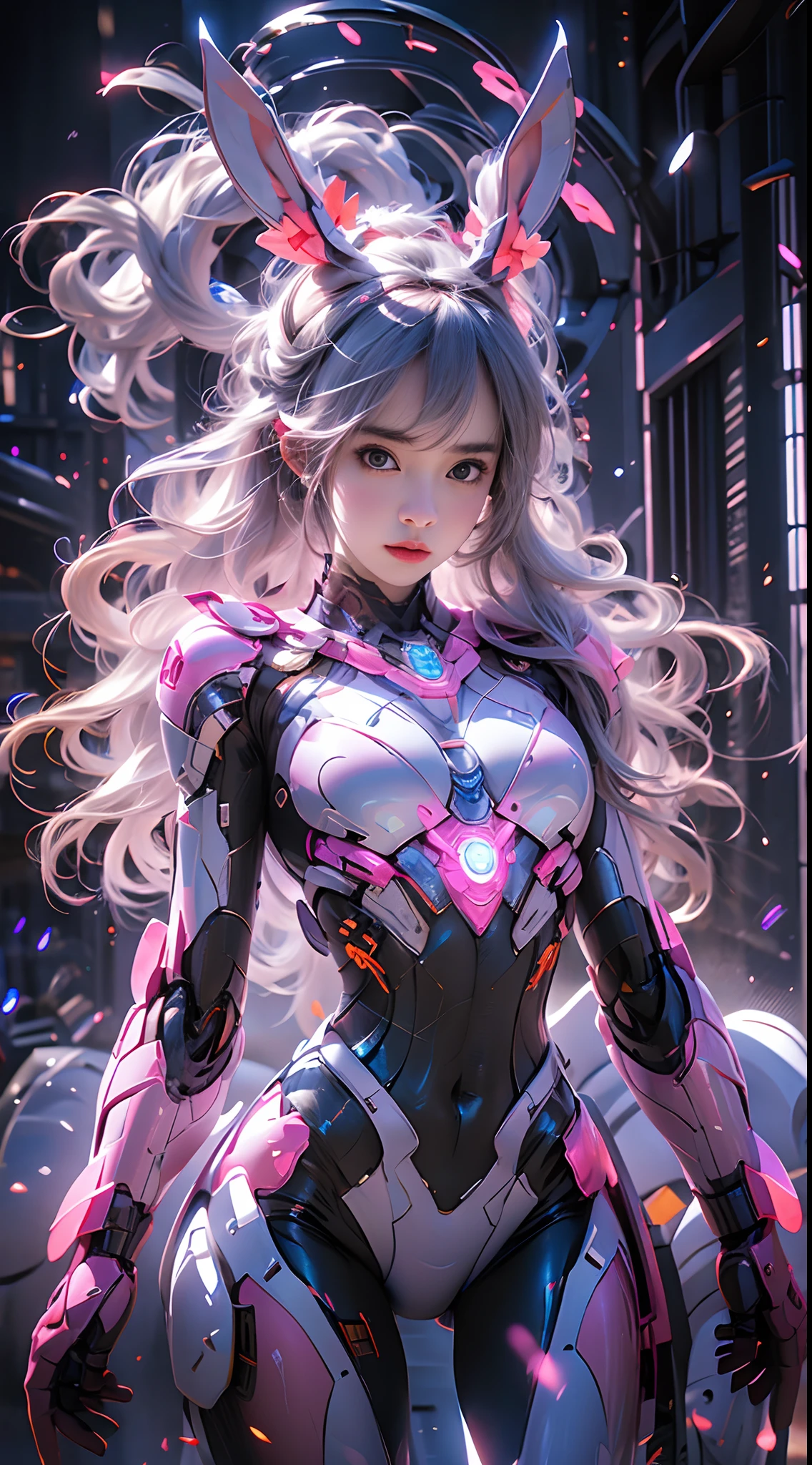 pink bunny mecha girl，mirai，Cool lighting, combat action, detailed bunny headgear