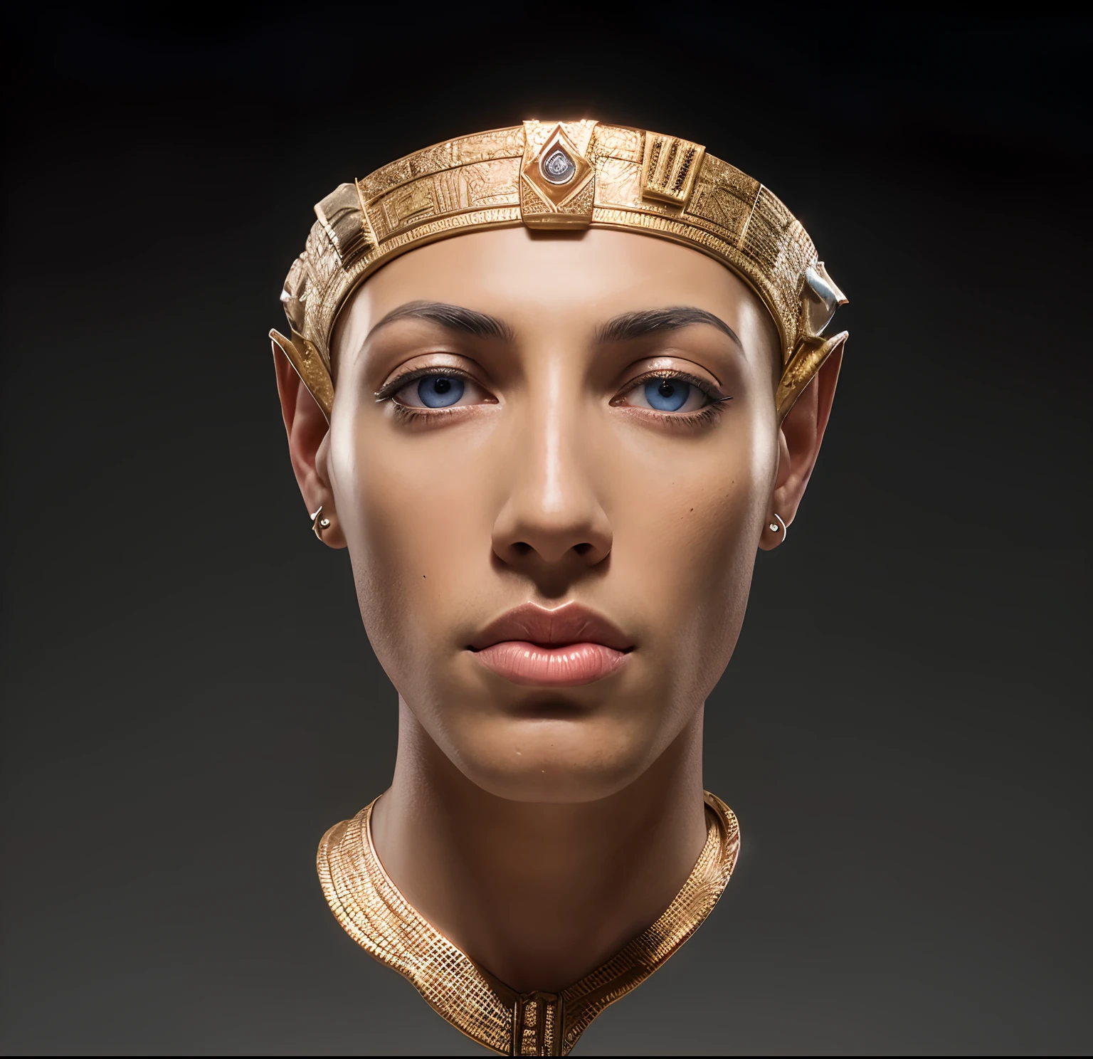 Masterpiece of King Akhenaton. High-resolution. Human.1boy.The most impotent pharaoh. Close up view. Wearing the blue Khepresh crown. bronze ten. Bronze Skin. Dark enlayed eyes. Brown eyes. The man has a strong face, with almond eyes, long nose, big rose lips. Pierced ears. Flashy lips. Complete the crown and the eyers. Solar Egyptian temple background. Put an Egyptian cobra in the crown, instead the Botton. Create a strong top body for him, with a blue tunic.