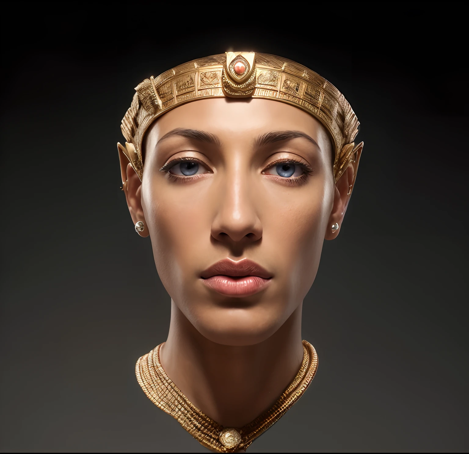 Masterpiece of King Akhenaton. High-resolution. Human.1boy.The most impotent pharaoh. Close up view. Wearing the blue Khepresh crown. bronze ten. Bronze Skin. Dark enlayed eyes. Brown eyes. The man has a strong face, with almond eyes, long nose, big rose lips. Pierced ears. Flashy lips. Complete the crown and the eyers. Solar Egyptian temple background. Put an Egyptian cobra in the crown, instead the Botton. Create a strong top body for him, with a blue tunic.