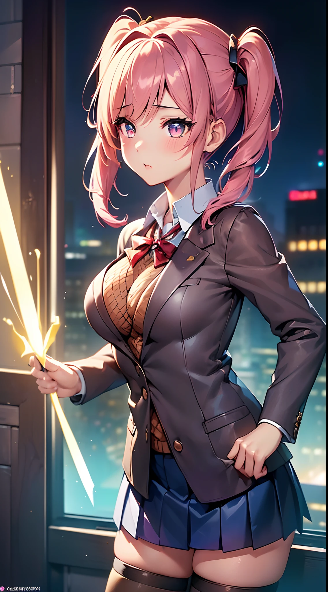 Photorealistic,Realistic illustration in Manga Style,((Masterpiece)),((Best quality)),((Ultra detailed)),((1girl)),((only)),((waifu:1.5)),Unreal Engine 5,Photon Mapping,Physically-based rendering, Perfect anatomy,Cute_face,Exceptionally Beauty Waifu Realistic Photo Of Young Exceptionally Beautiful Waifu Natsuki,In a Classroom,((Divine Energy)),((Wearing a Schoolgirl Uniform Costume with Gold Details and Energy crystals)),((Black Fishnet Stockings)),((Blazer:1.3)),((Brown Sweater:1.3)),((Collared Shirt:1.3)),((Blue Sailor Skirt:1.3)),[[Large Breasts]],((Medium Hair)),((Pink Hair)),((Two Side Up))),((Short Twintails)),Hair Ribbon,Hair Ornament,Standing,Hands on Hips,Expressionless,((Glowing-Red-Eyes)),Wavy Hair,Eyeliner,Cute Makeup,((Perfect Detailed Eyes)),Cyberpunk City,rainy outside,night,Vivid Details,Maximum Details,Hyper Defined Details,((HDR,UHD,DSLR)),((Film Grain:1.3)),Fujifilm X-T4,((Extremely CG Unity 8K Wallpaper)),Intricate Detailing,Extremely Beautiful and Aesthetic,Octane Rendering,Full Body Portrait,Damp Skin,((Perfect Detailed Body)),natsuki,school uniform