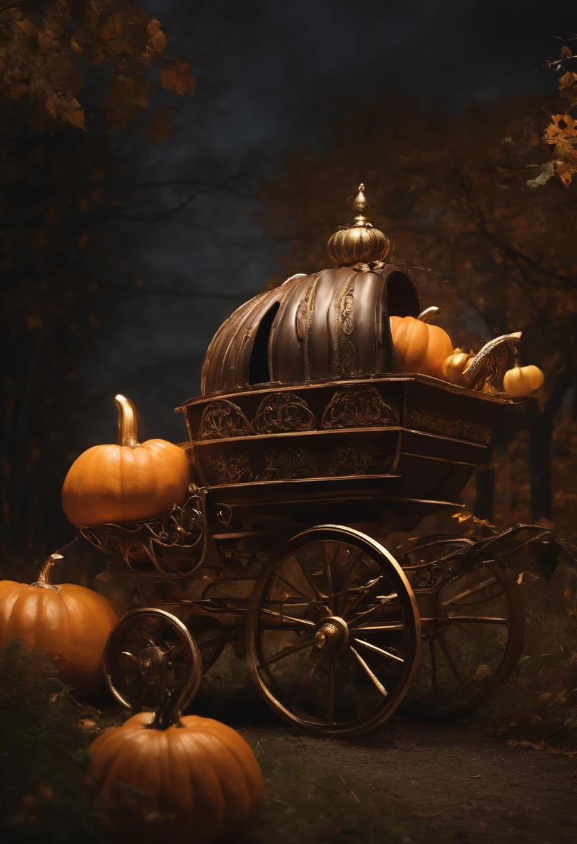 A steampunk pumpkin carriage, carriage made in pumpkin, halloween style, fantasy village background, detailed object, highly detailed, lots of detail, dynamic composition, aesthetic art, detailed photorealistic painting by irakli nadar, hyperrealism, brandon woelfel, moody cinematic lighting, dark moody backlighting, movie scenes style, moody atmospheric, medium shot, dynamic angle, 500px photography