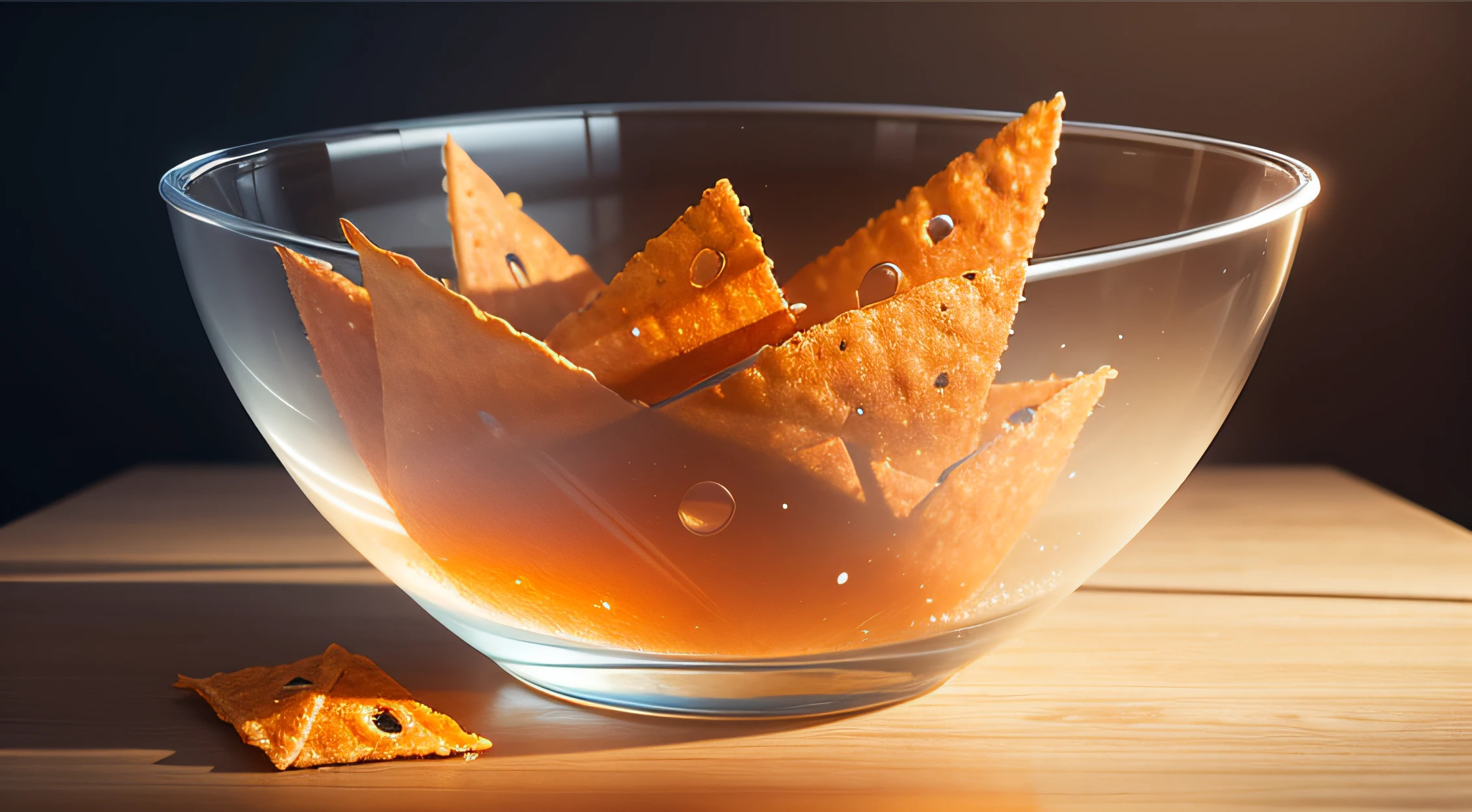 view of a transparent bowl with doritos snacks, Pixar Style Movie, so cute, transparent bowl