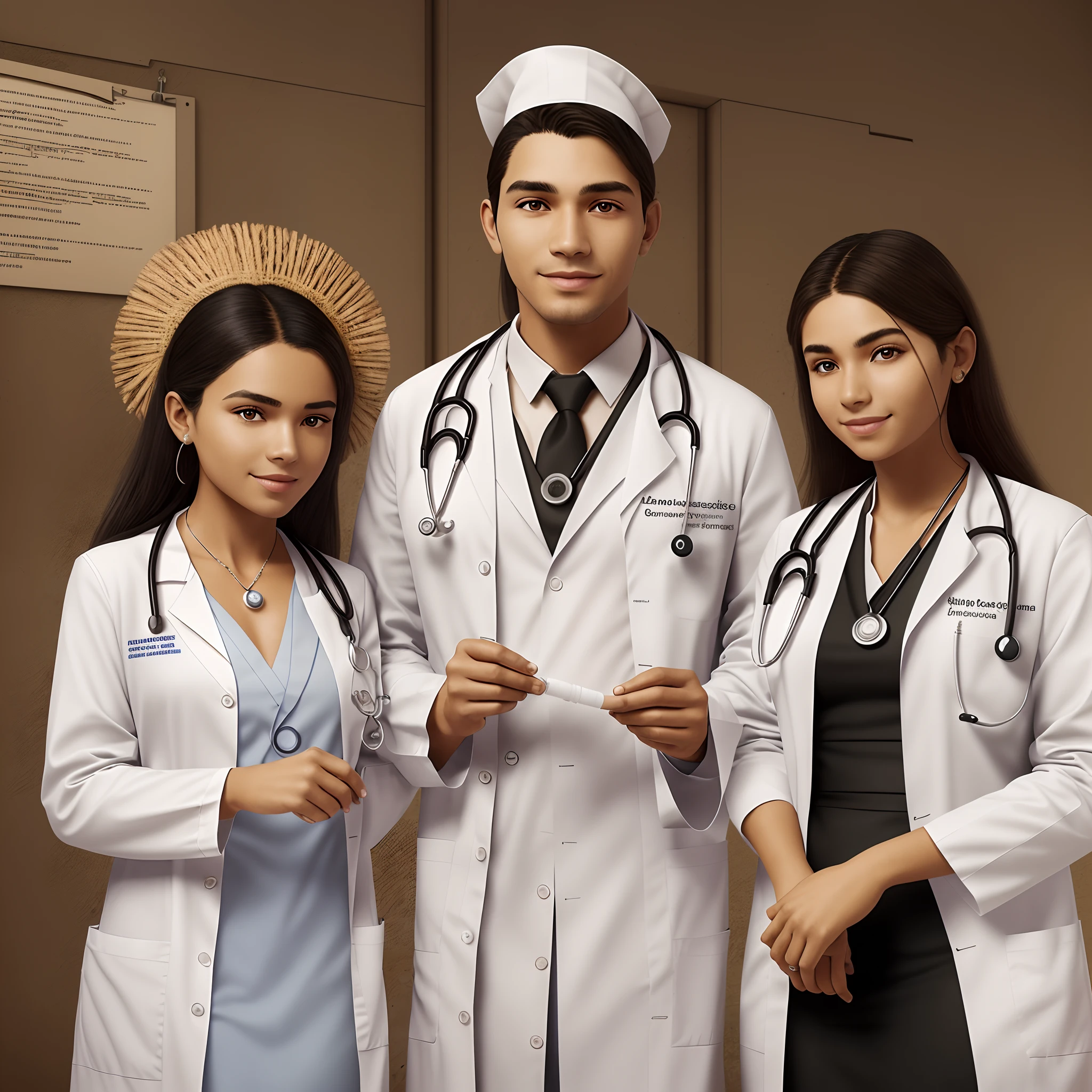 beautiful image with three indigenous students from South America, each wearing indigenous accessories, each student represents different professional backgrounds, the three students wear cocá and indigenous necklaces. The first student is a doctor, dressed in a white coat and a stethoscope around his neck. He is holding a medical record and has a confident smile on his face. The second student is a lawyer, wearing a black gown and holding a sheaf of legal documents. He is standing, with a serious and confident expression. The third student is a nurse, wearing a white uniform with an identification badge. He is holding a syringe and a bandage, demonstrating care and attention to detail, unreal engine, background white --auto --s2