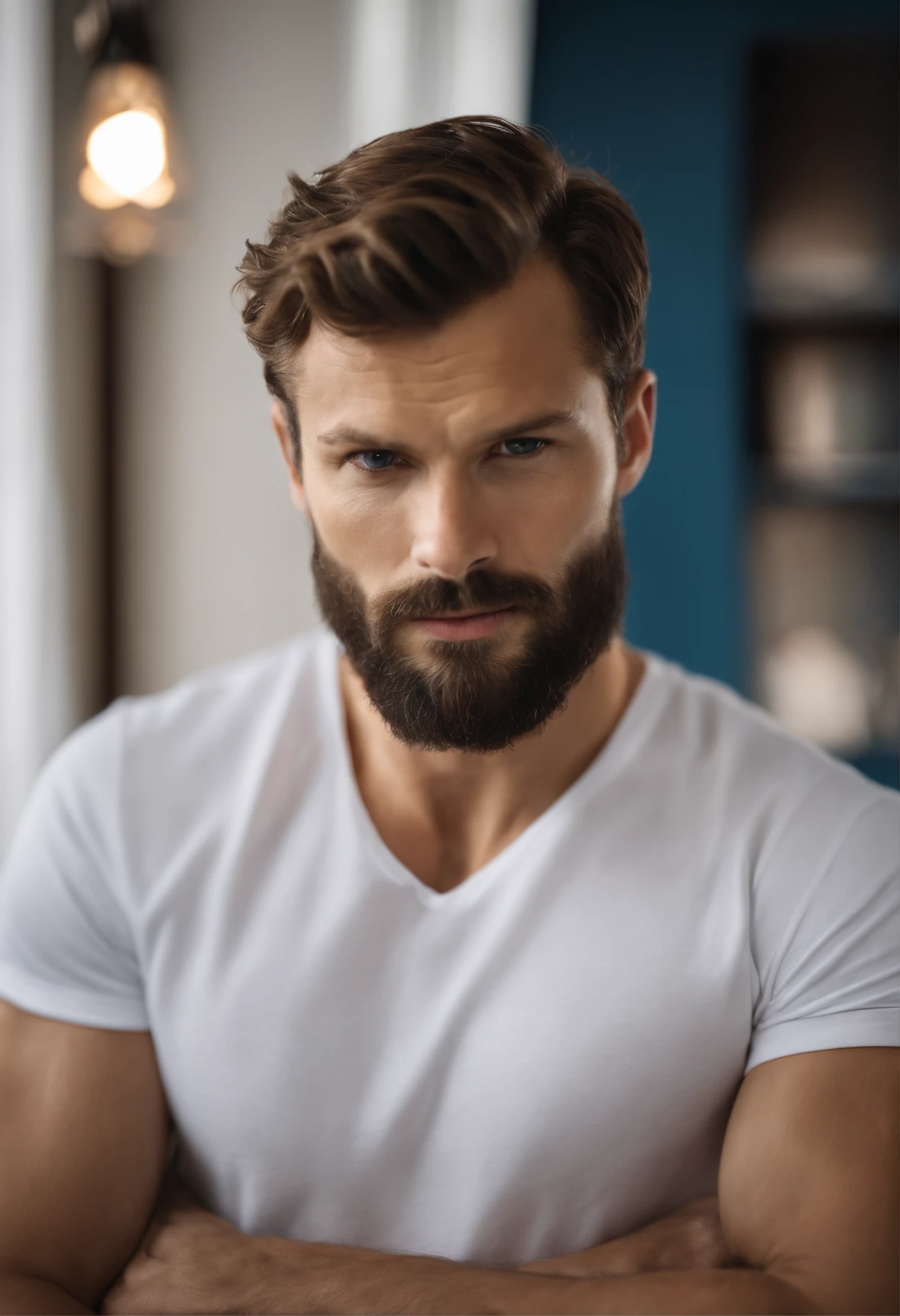 (Man wearing white t-shirt), ), (Wearing full beard,) Attractive and serious look, dark brown hair, Stylish and elegant, and strong body t-shirt, Man similar to actor Jamie Dornan, (High quality and realistic image), in the background Scandinavian apartment with desingner furniture and with blue wall color in the background, ((best quality, 8K, masterpiece).