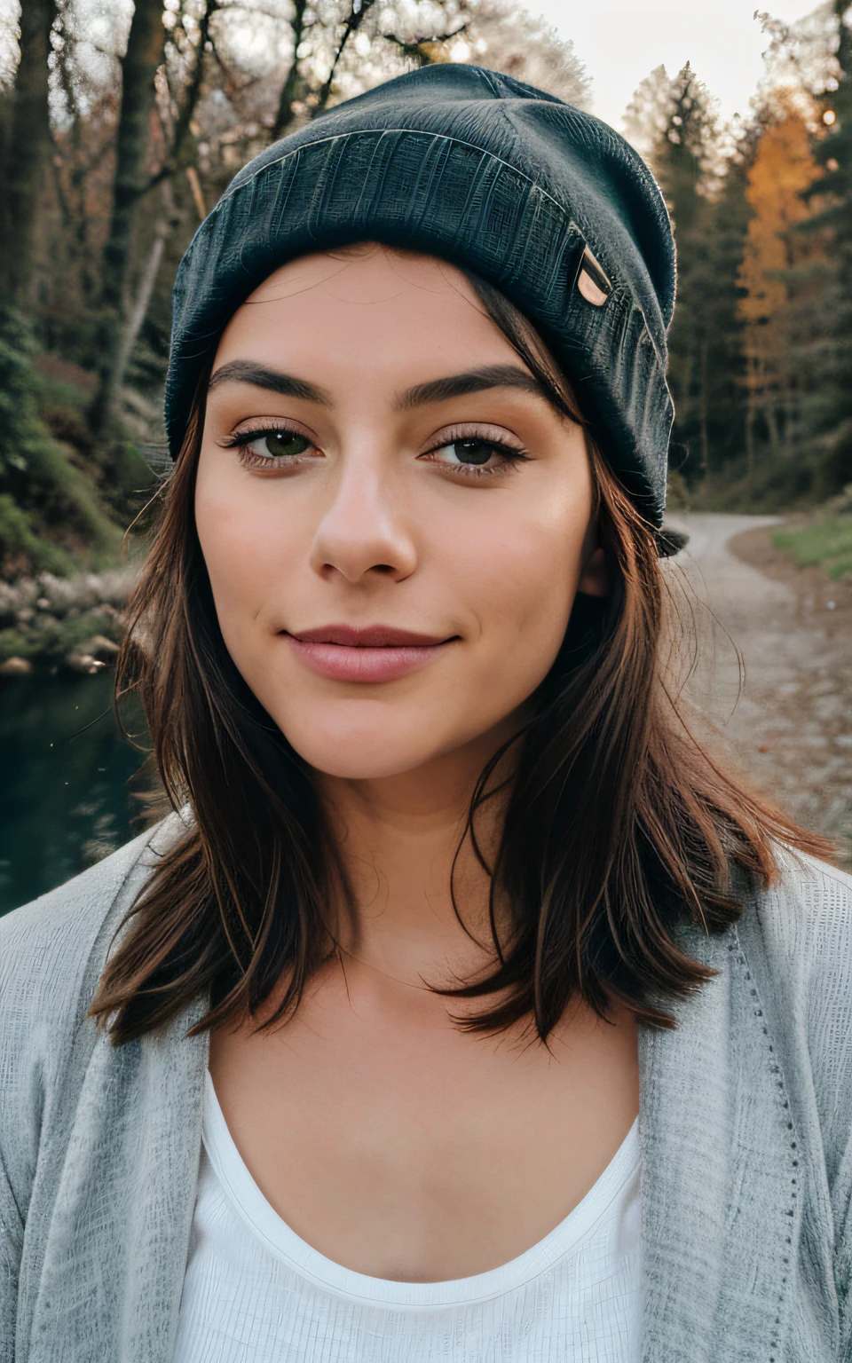 photoreallistic, Best quality, hyper detailed, beautiful woman, Photo selfie, Haut du corps, seulement, dehors, paysage montagneux, The nature of real life, stars, lune, (Sourire exceptionnel、Un brun、vingt ans、,content), Beanie, lampes de poche, woods, Rochers, river, Bois, smoke, dent, Un ciel cristallin, Style analogique, Regarder le spectateur, texture de la peau, grain du film, Gros plan, 超High resolution, Meilleure ombre, .RAW, instagram LUT